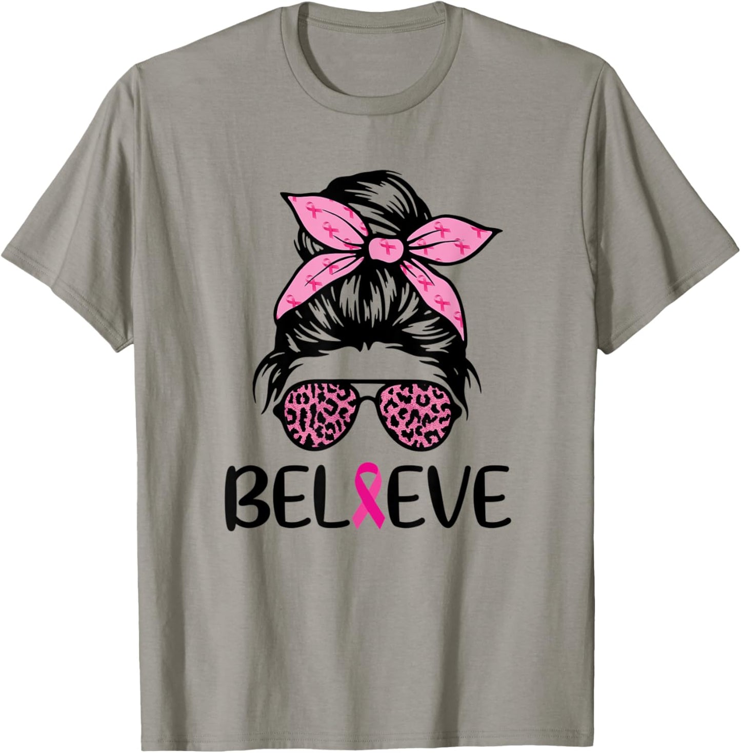 Believe Messy Bun Leopard Ribbon Breast Cancer Awareness T-Shirt - T-Shirt | Sand