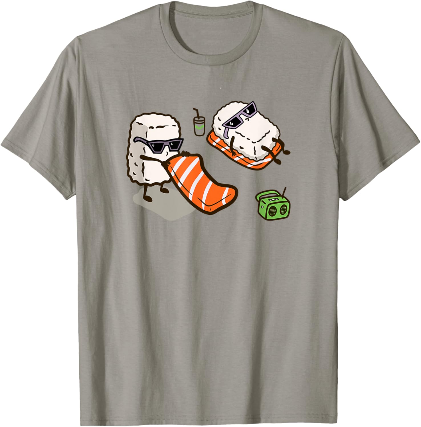 Funny Sushi Sunbathing on the Beach | Kawaii Salmon Sushi Women Girls Kids T-Shirt - T-Shirt | Sand