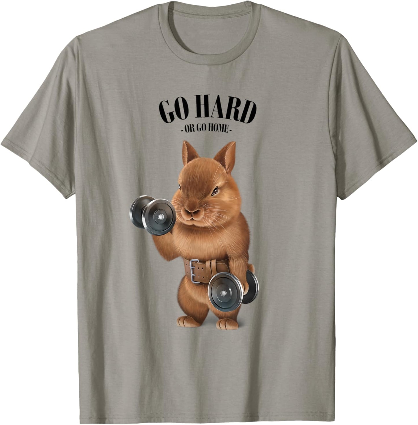 Dwarf Rabbit Muscle Training with Dumbbell in Fitness Gym T-Shirt - T-Shirt | Sand
