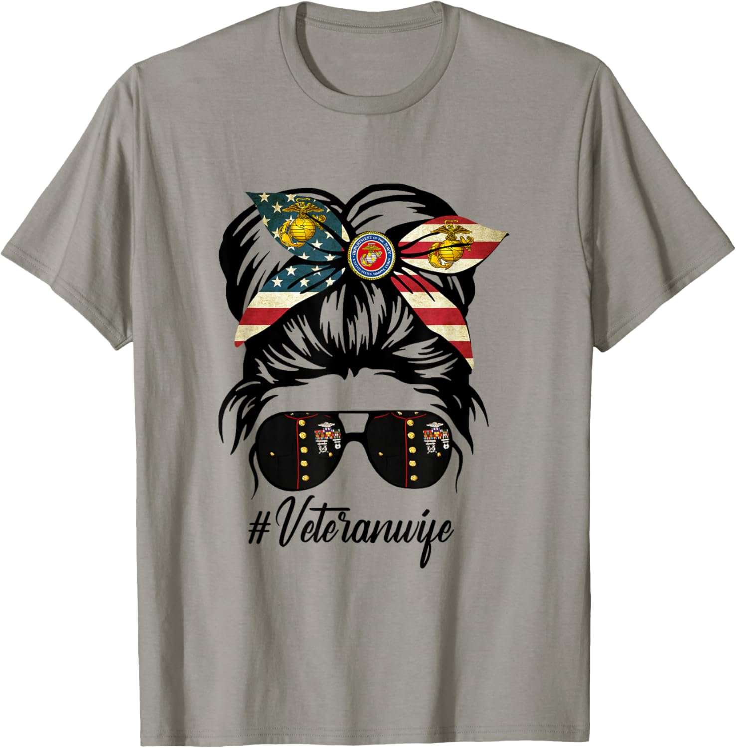 Women Veteran Wife Military Patriotic Messy Bun Hair T-Shirt - T-Shirt | Sand