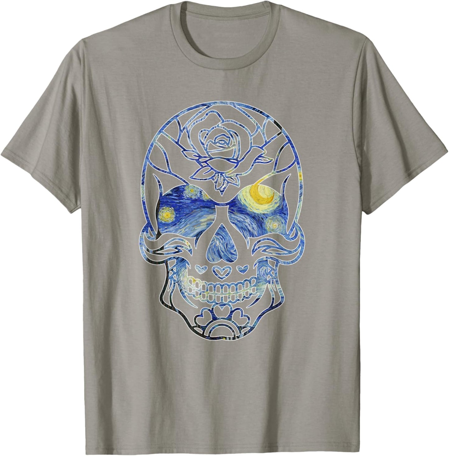Van Gogh Starry Night Sugar Skull Day of the Dead Art T-Shirt - T-Shirt | Sand