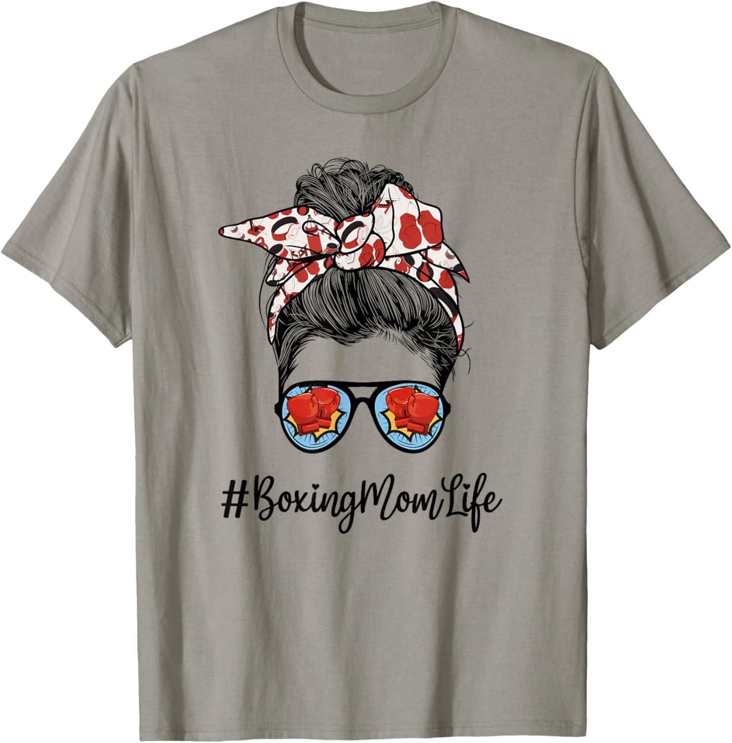 Funny Life Boxing Mom Leopard Messy bun Glasses T-Shirt - T-Shirt | Sand