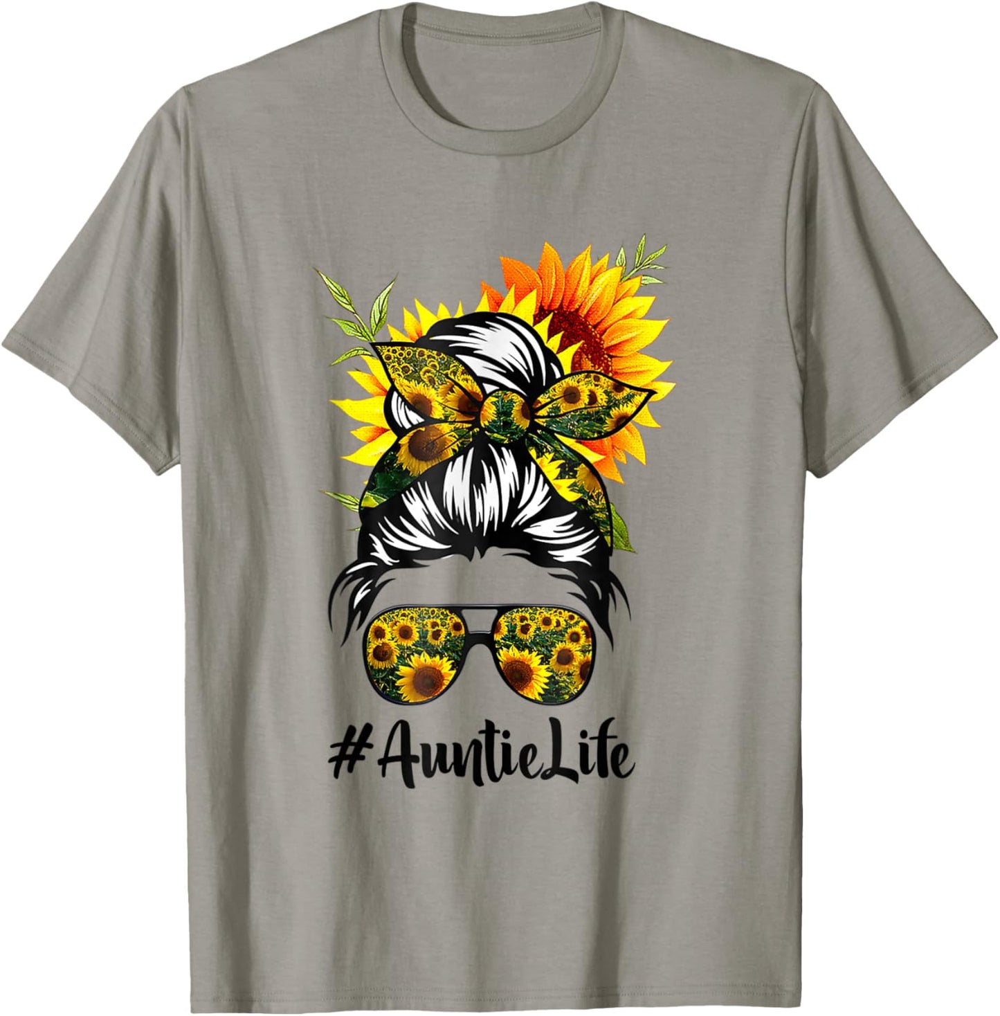Auntie Life Messy Hair Bun Sunflower Women Mother's Day T-Shirt - T-Shirt | Sand