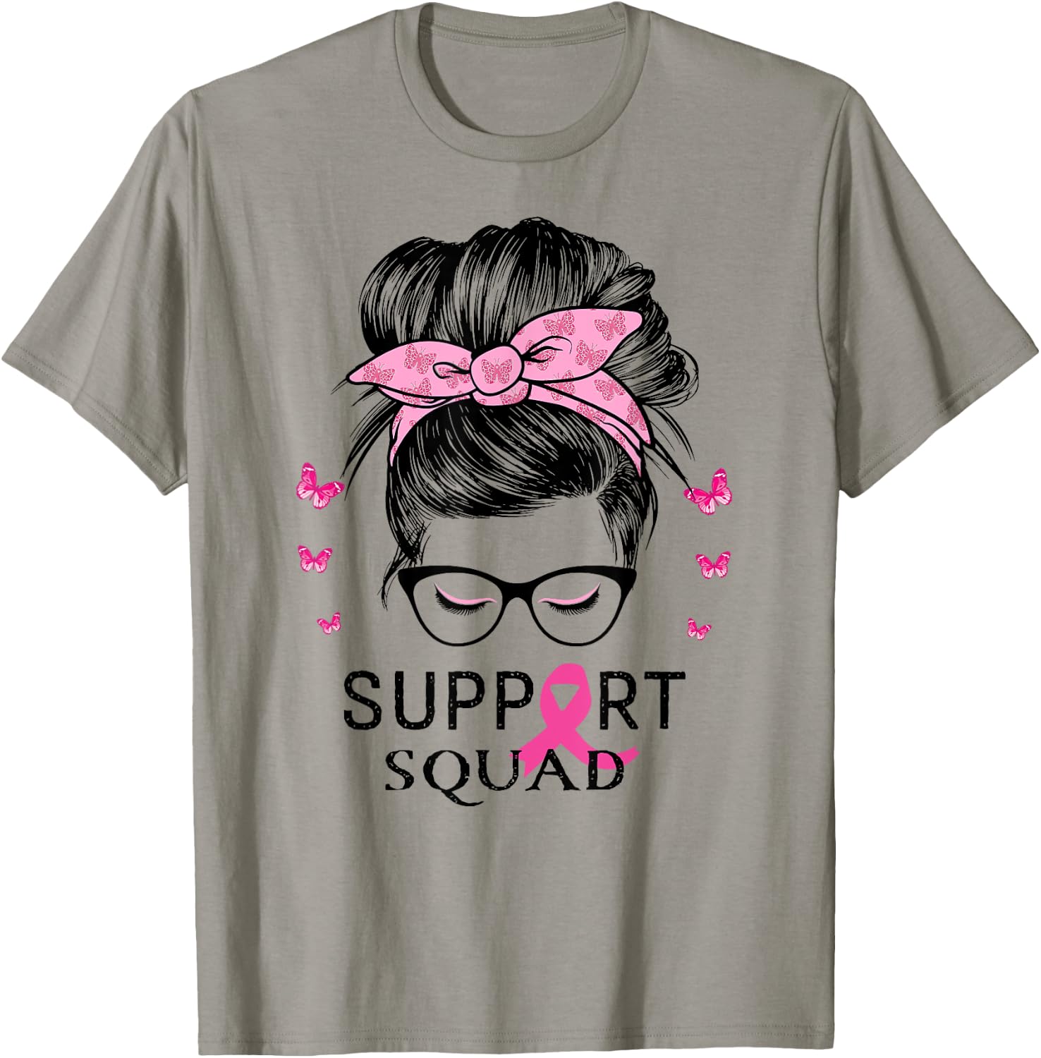 Support Squad Messy Bun Breast Cancer Awareness T-Shirt - T-Shirt | Sand