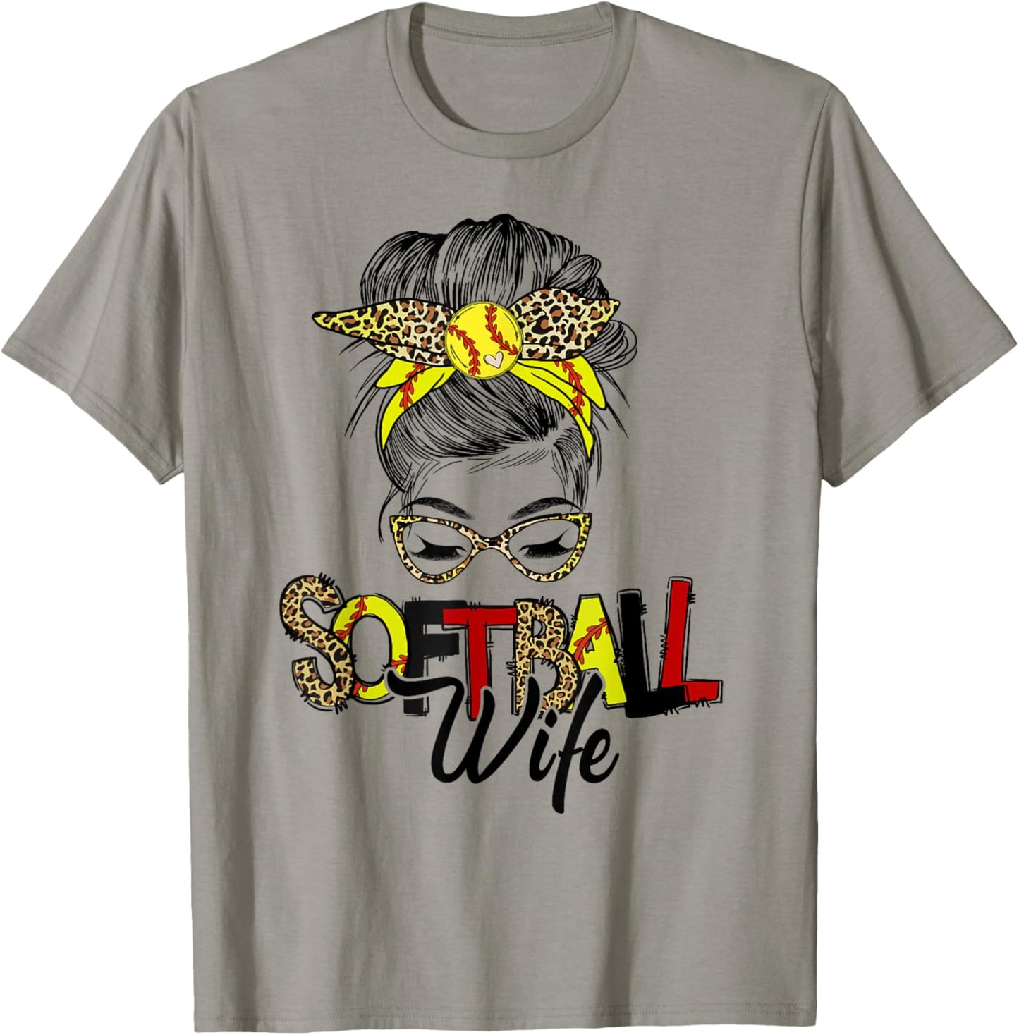Softball Wife Life With Leopard Messy Bun Mother's Day T-Shirt - T-Shirt | Sand
