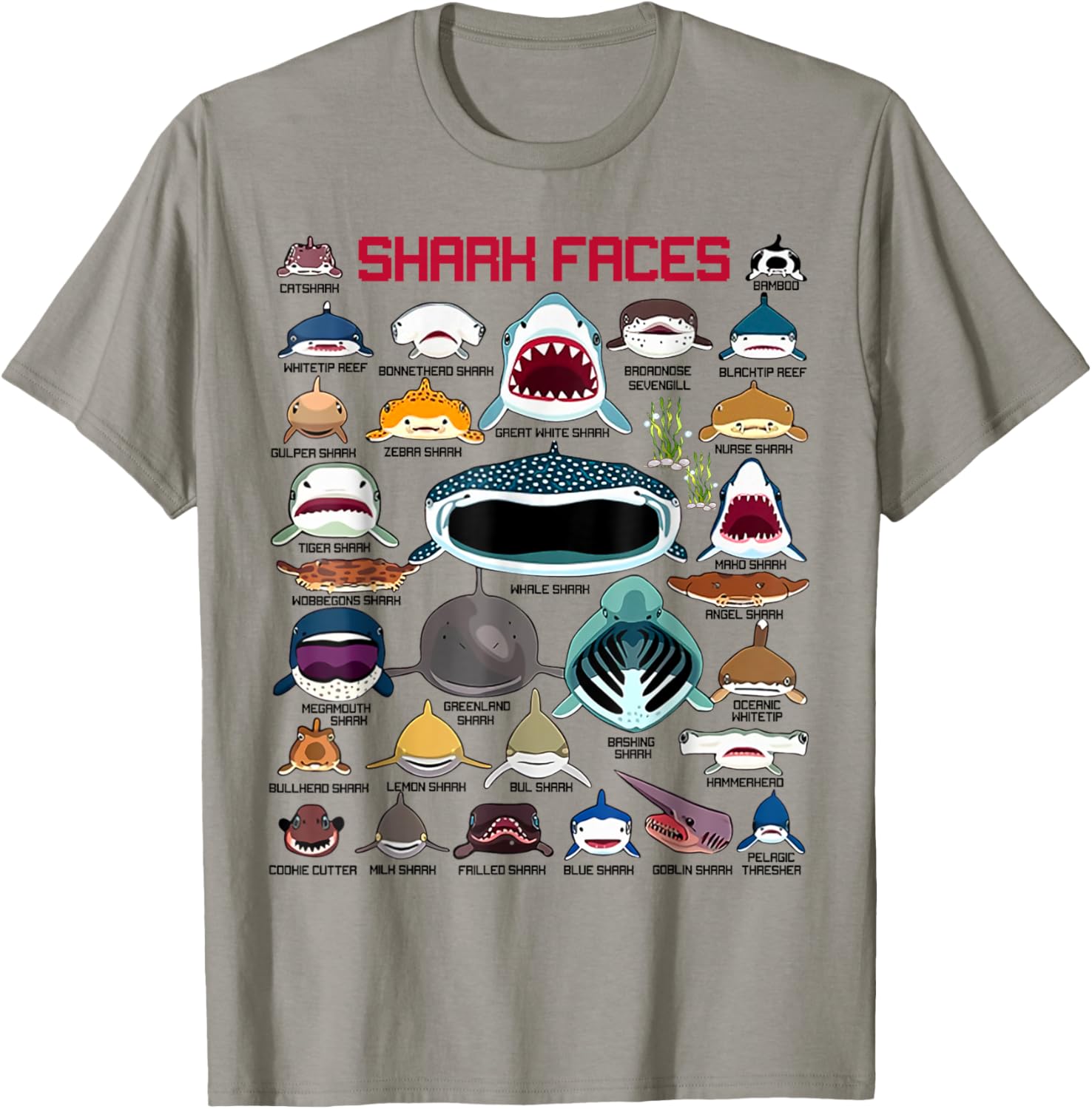 Funny Shark Faces Types Of Sharks Shark Lover Marine Biology T-Shirt - T-Shirt | Sand