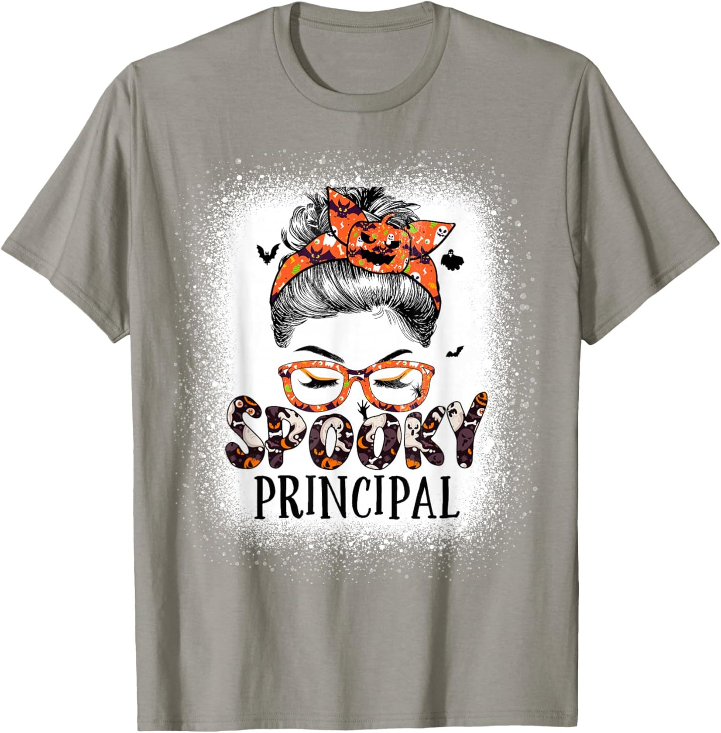 Messy Bun Spooky Principal Bleached Halloween Pumpkin T-Shirt - T-Shirt | Sand