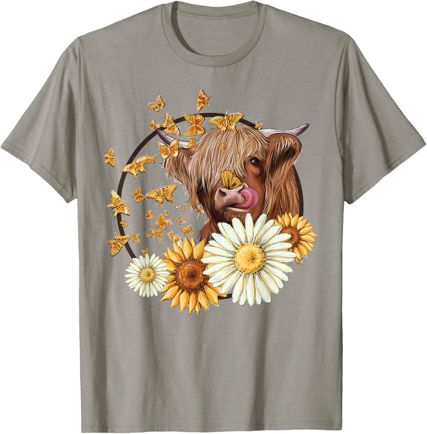 Highland Cow With Sunflower Daisies Butterflies Farm Western T-Shirt - T-Shirt | Sand