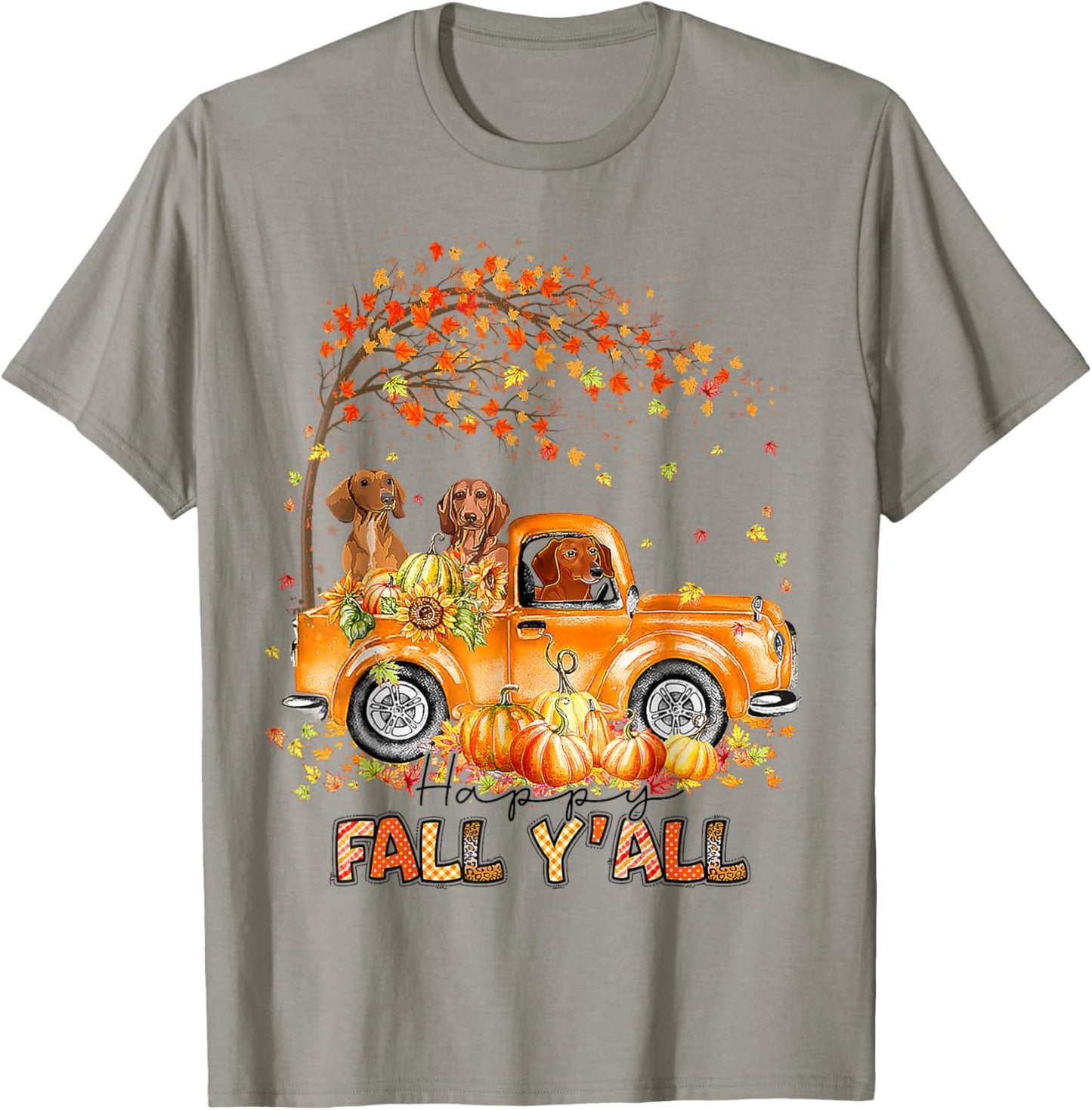 Happy Fall Y'all Dachshund Riding Truck Pumpkin Autumn Fall T-Shirt - T-Shirt | Sand