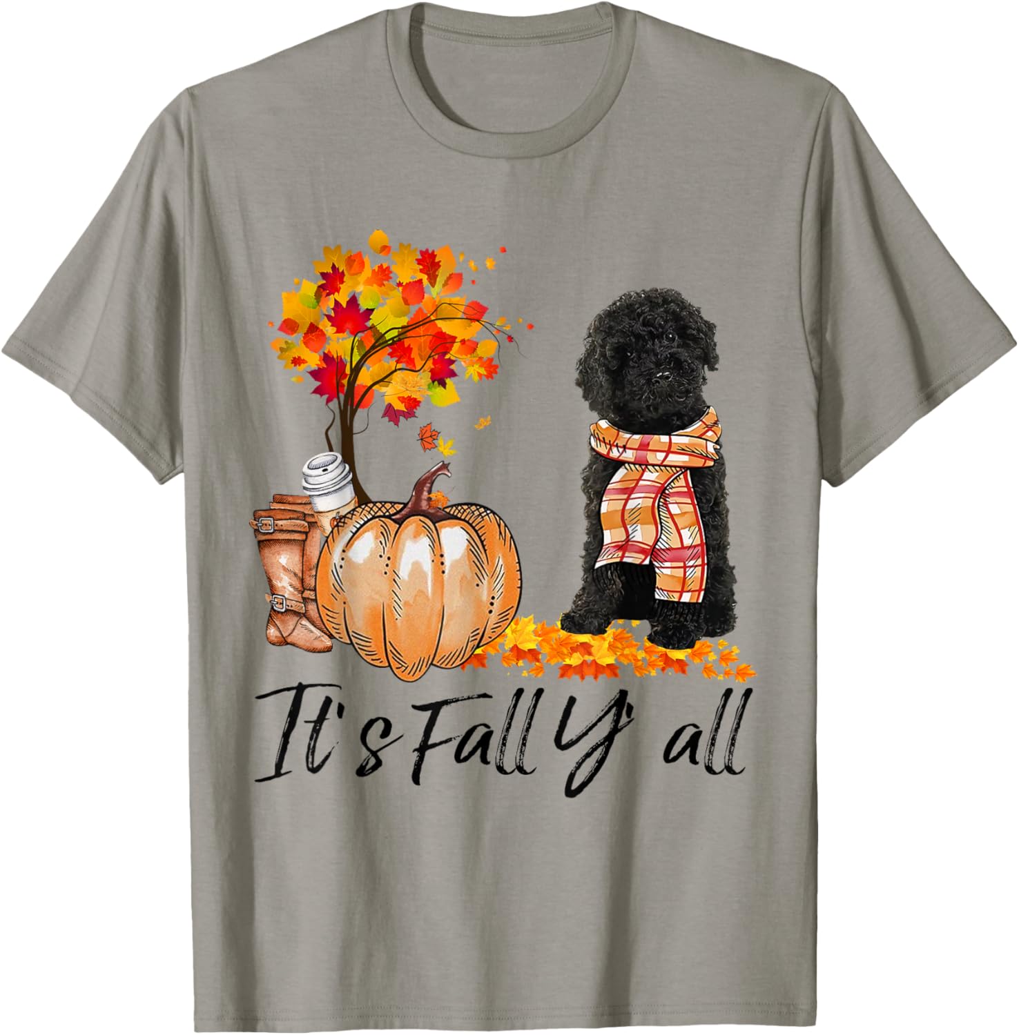 Black Labradoodle It's Fall Y'all Pumpkin Autumn Gift T-Shirt - T-Shirt | Sand