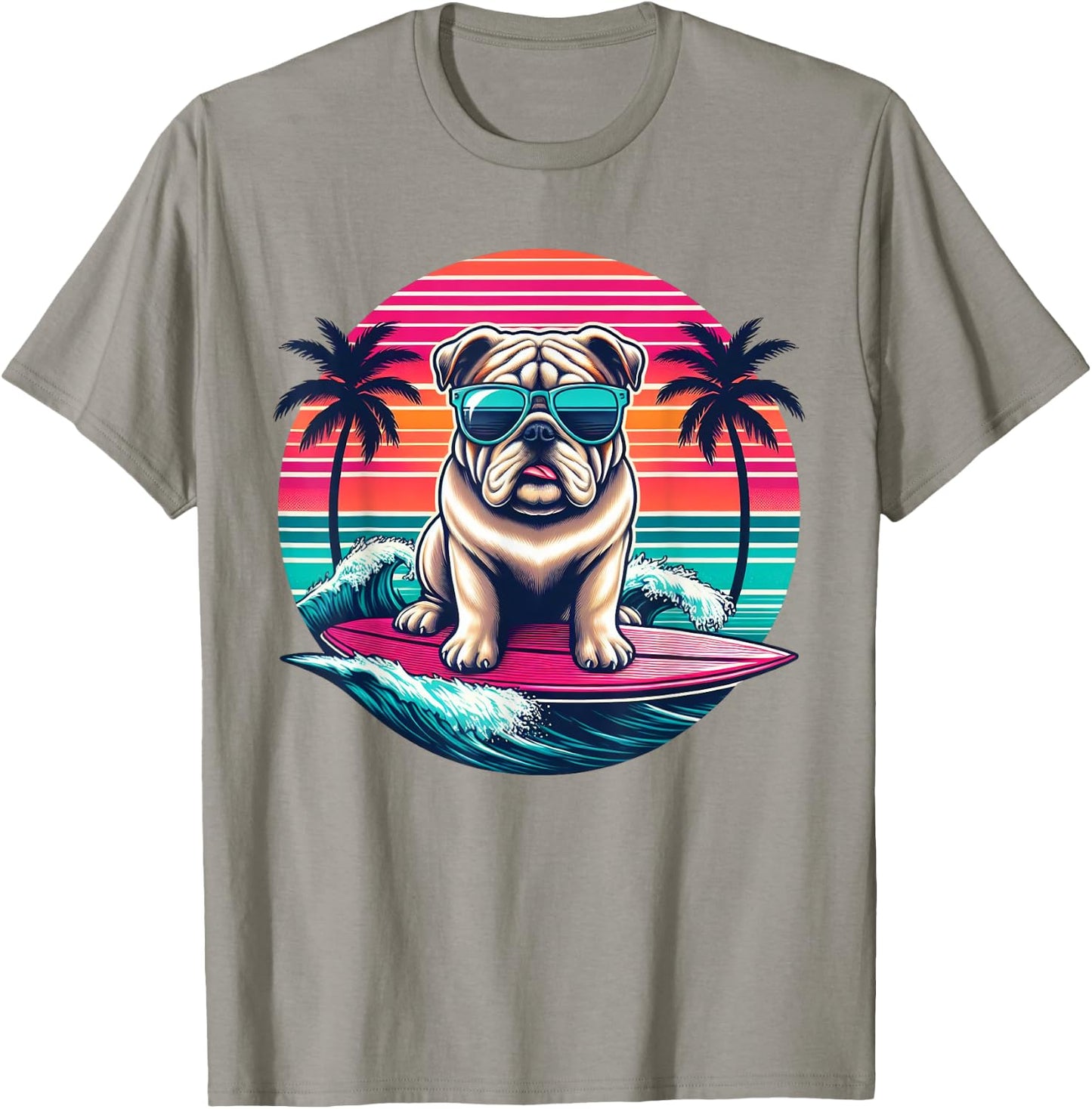 Surfing English Bulldog Retro Sunset Men Women Kids T-Shirt - T-Shirt | Sand