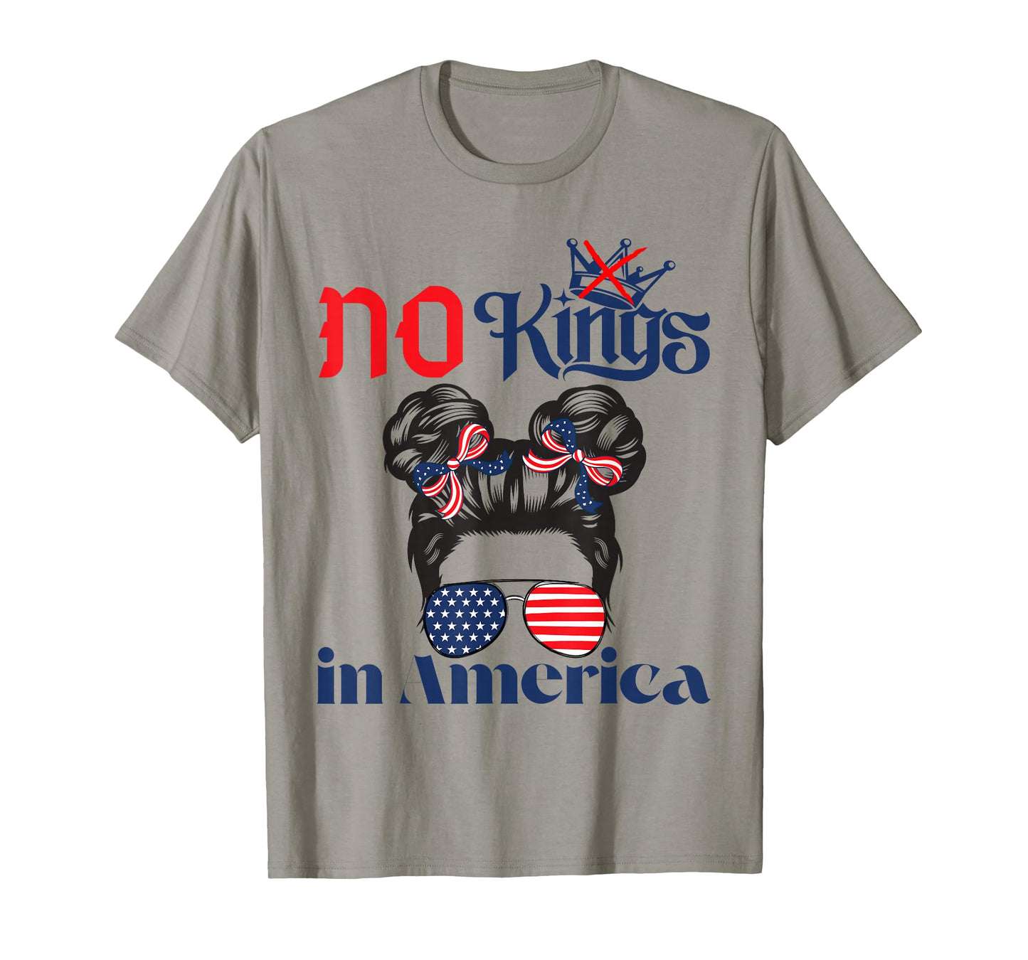 No Kings in America Messy Bun USA Flag Patriotic 4th of July T-Shirt