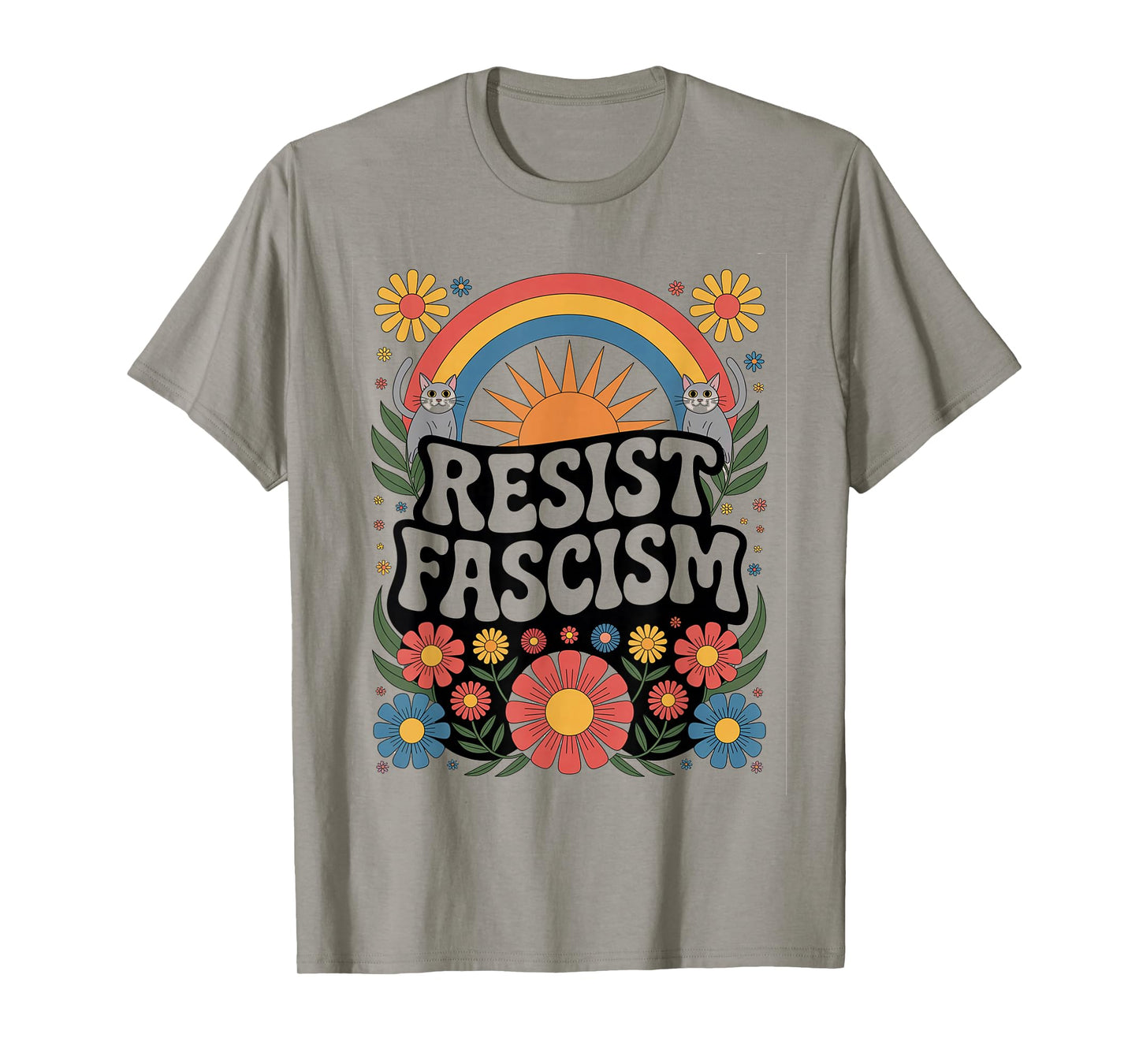 Cats Resist Fascism Retro Groovy Rainbow No Kings Hippie T-Shirt