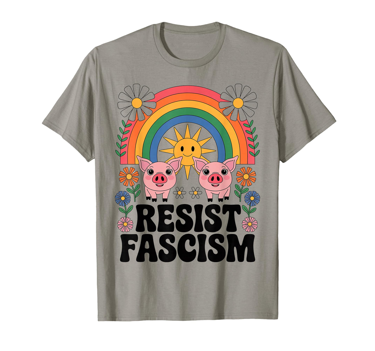 Pigs Resist Fascism Retro Groovy Rainbow No Kings Hippie T-Shirt