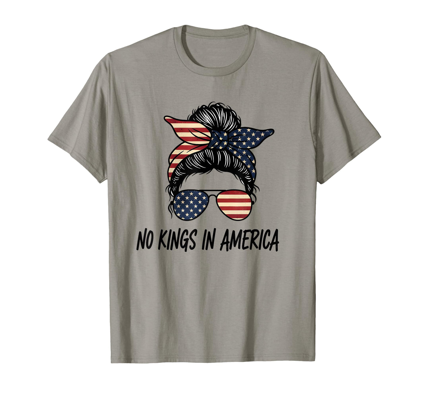 No Kings in America Patriotic Women Messy Bun USA Flag T-Shirt
