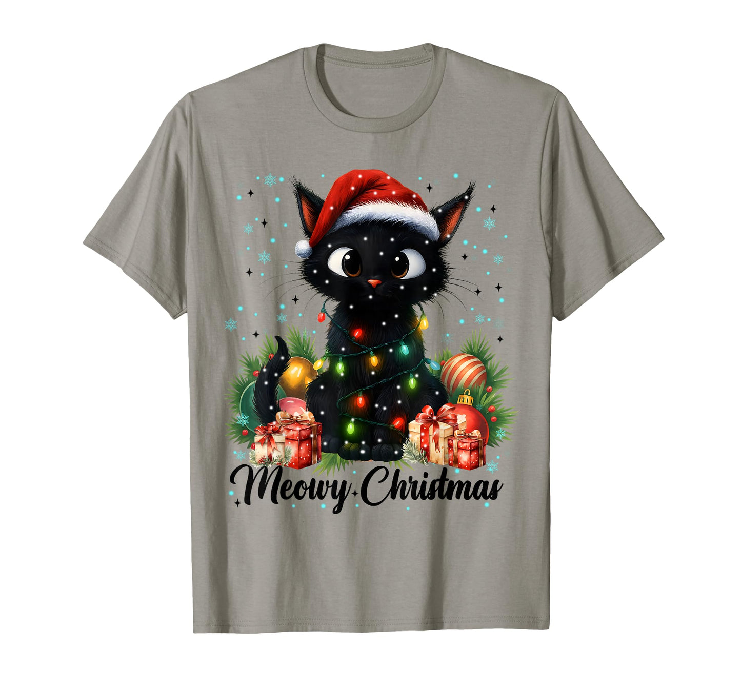 Moewy Christmas Black Cute Cat Santa Hat Xmas Women Girl T-Shirt