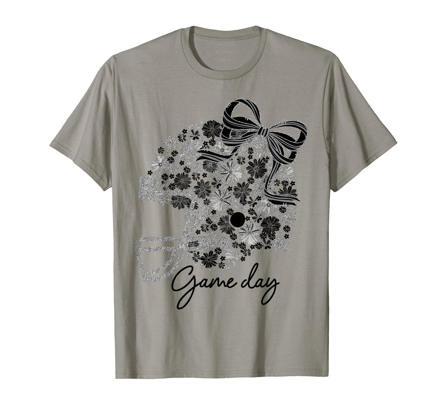 Floral Football Game Day Girly Team Spirit Black & Silver T-Shirt