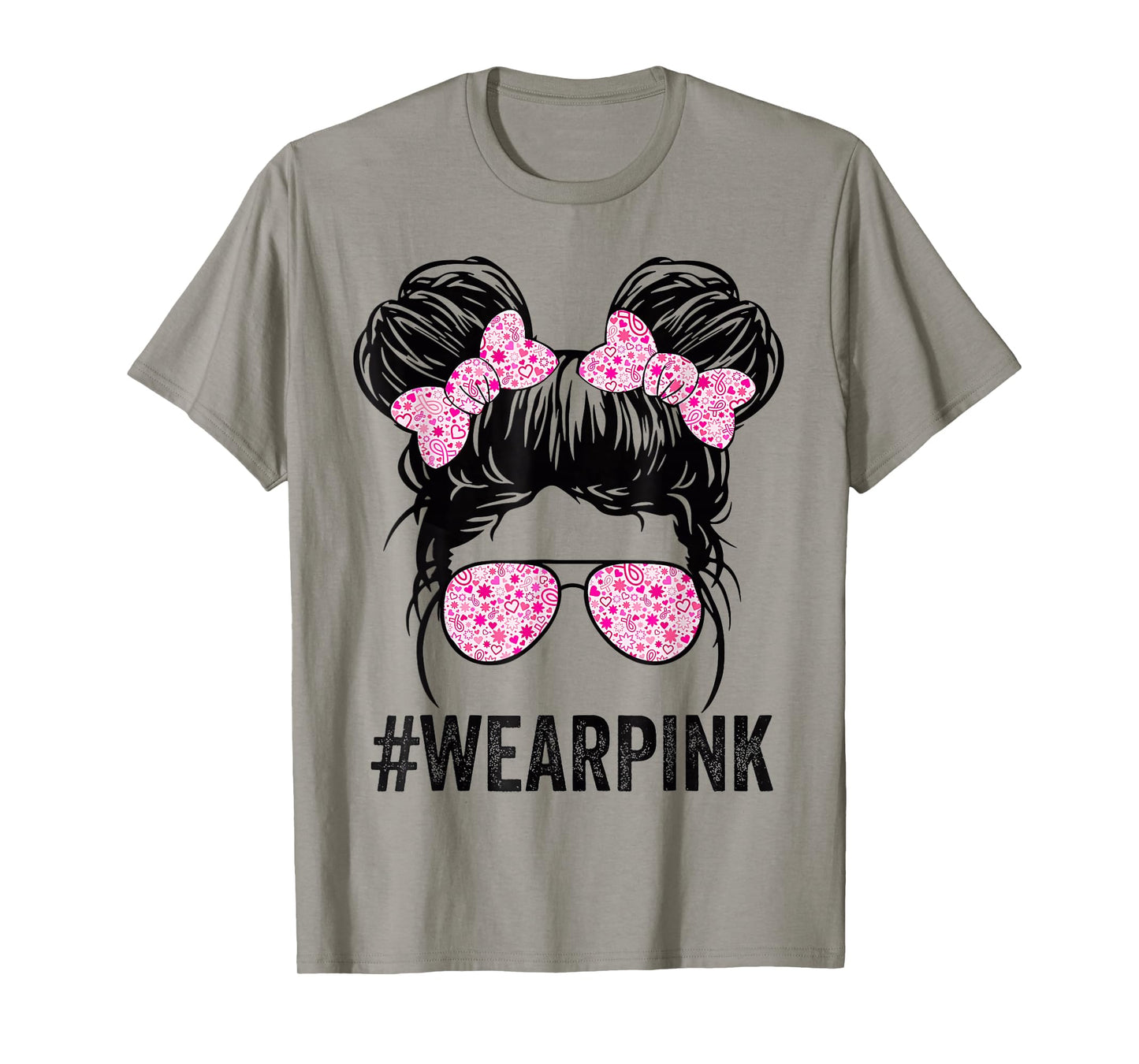 Kid Messy bun glasses wear pink breast cancer awareness T-Shirt
