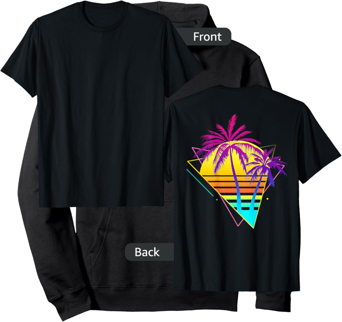 On Back - Retro 80s 90s Vaporwave Tropical Sunset Palm Trees Hoodie - Hoodie | Black