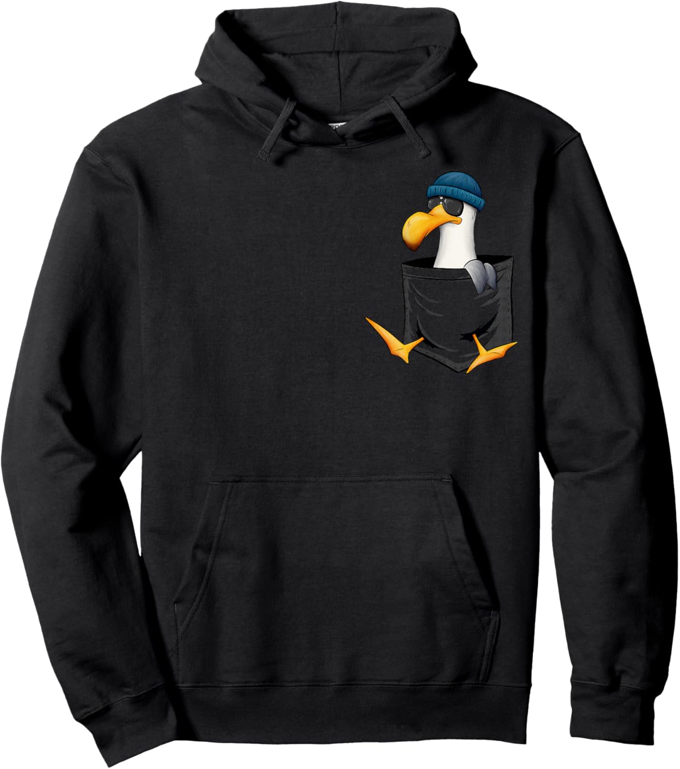 Funky Hipster Seagull With Sunglasses In Pocket Hoodie - Hoodie | Black