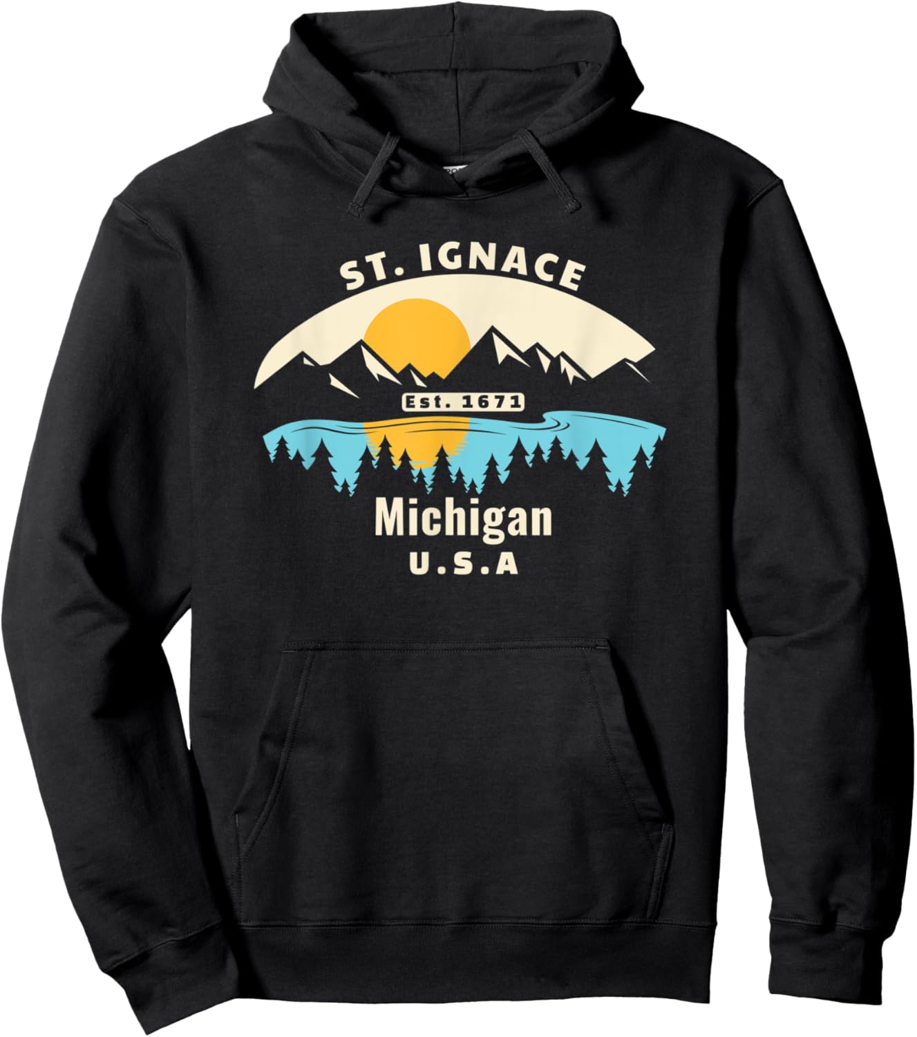 St. Ignace Michigan Souvenir Mountain Sunset River Hoodie - Hoodie | Black