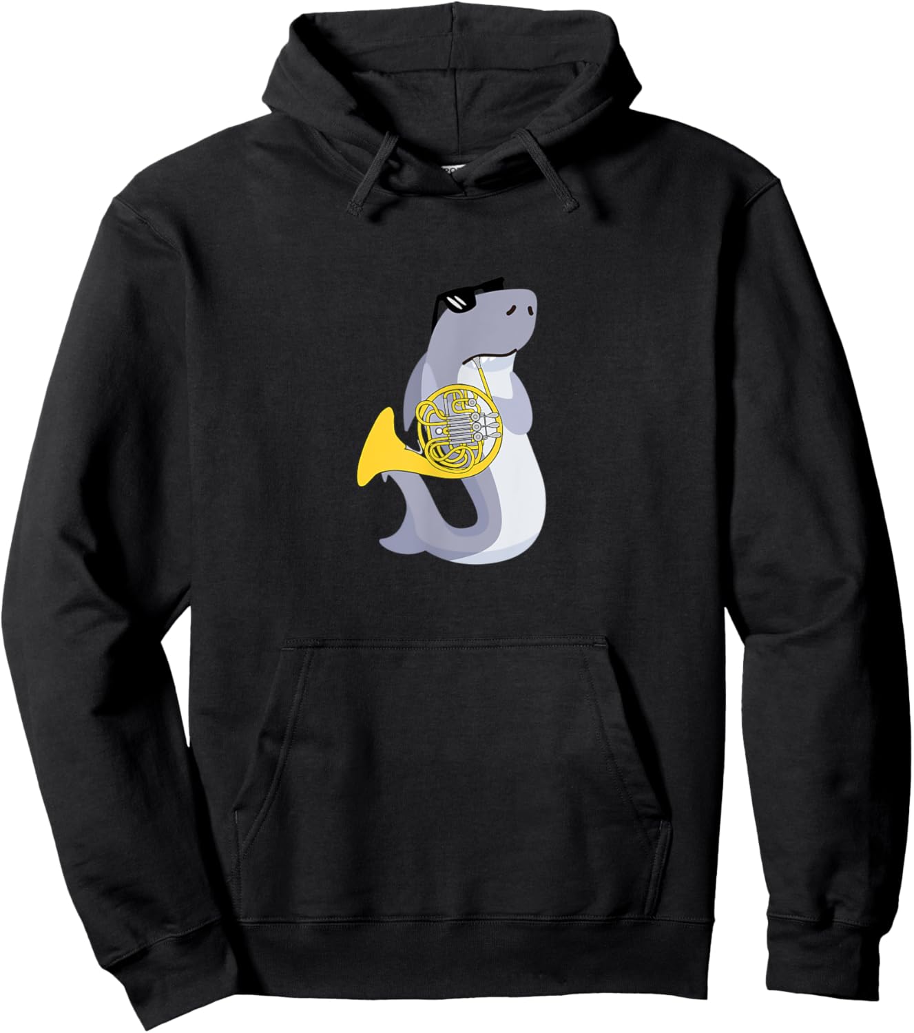 Funny Shark Wearing Sunglasses Playing French Horn Hoodie - Hoodie | Black