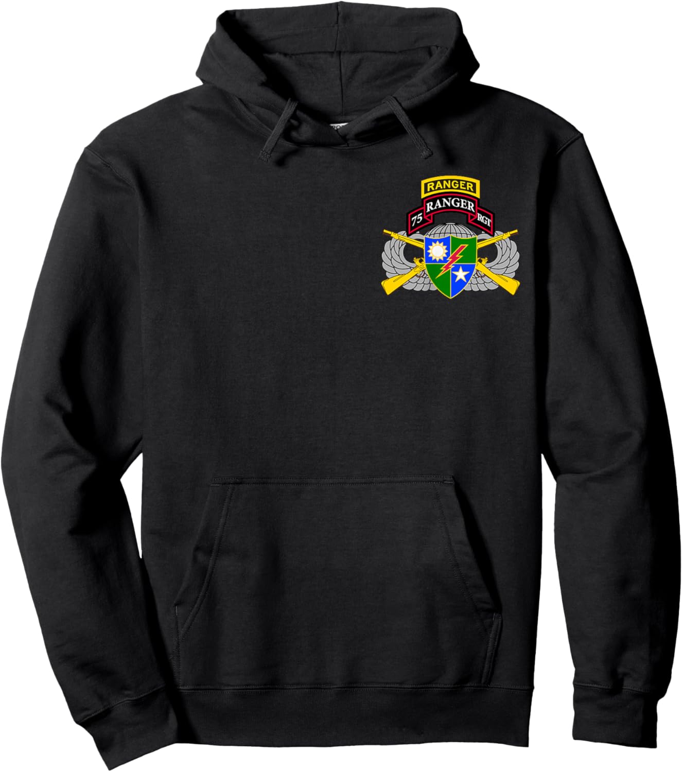 US Army Ranger - 75th Scroll, Tab, Airborne Wings, Rifles Hoodie - Hoodie | Black
