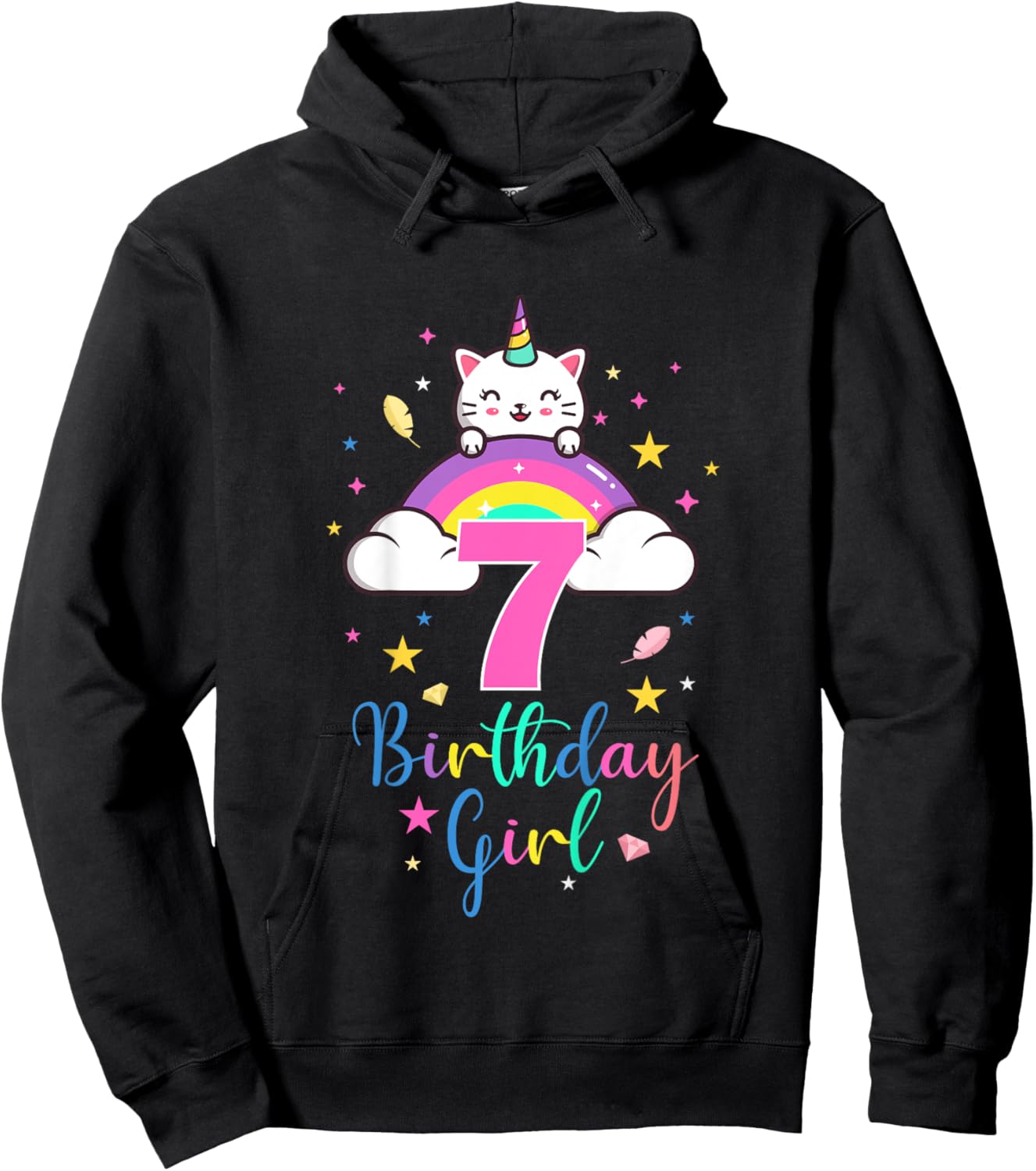 7th Birthday Girl Seven Years Old Birthday Caticorn Rainbow Hoodie - Hoodie | Black