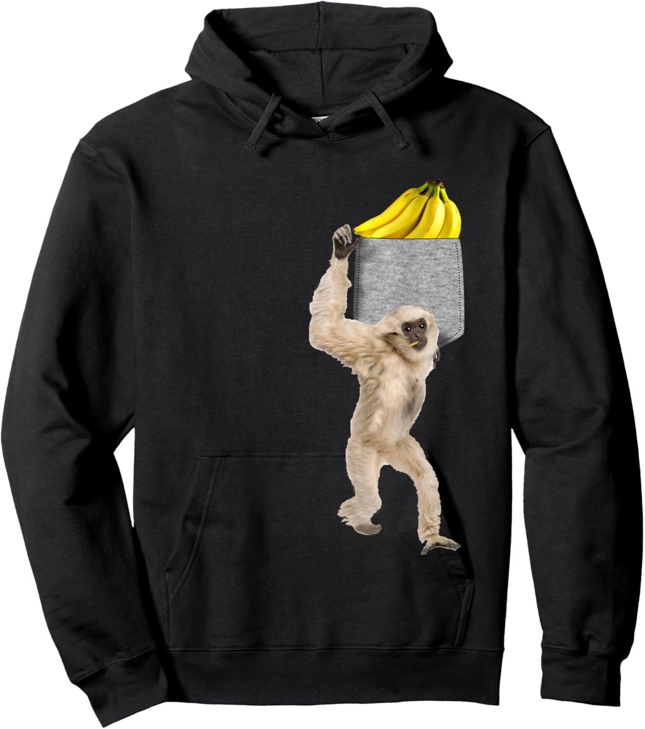 Gibbon Monkey Reaching For Banana In Fake Pocket Hoodie - Hoodie | Black