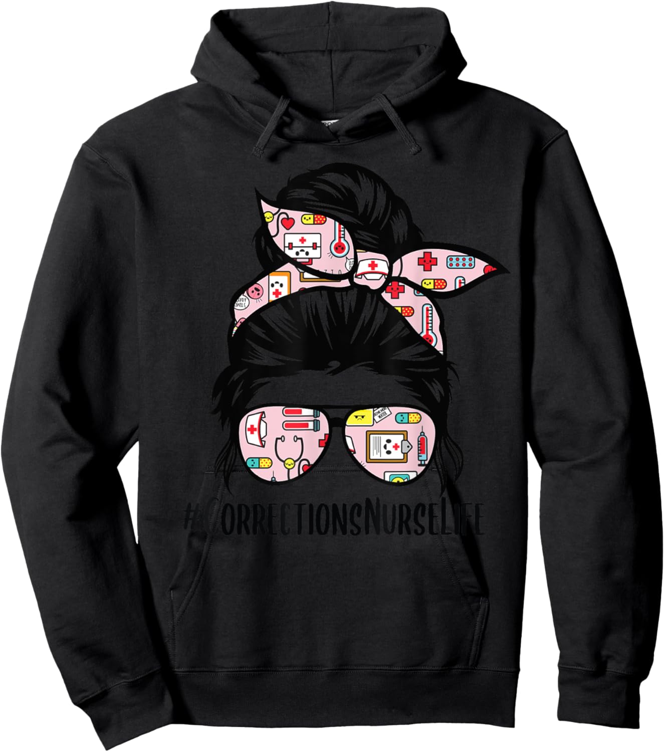 Corrections Nurse Life messy bun hair glasses Hoodie - Hoodie | Black