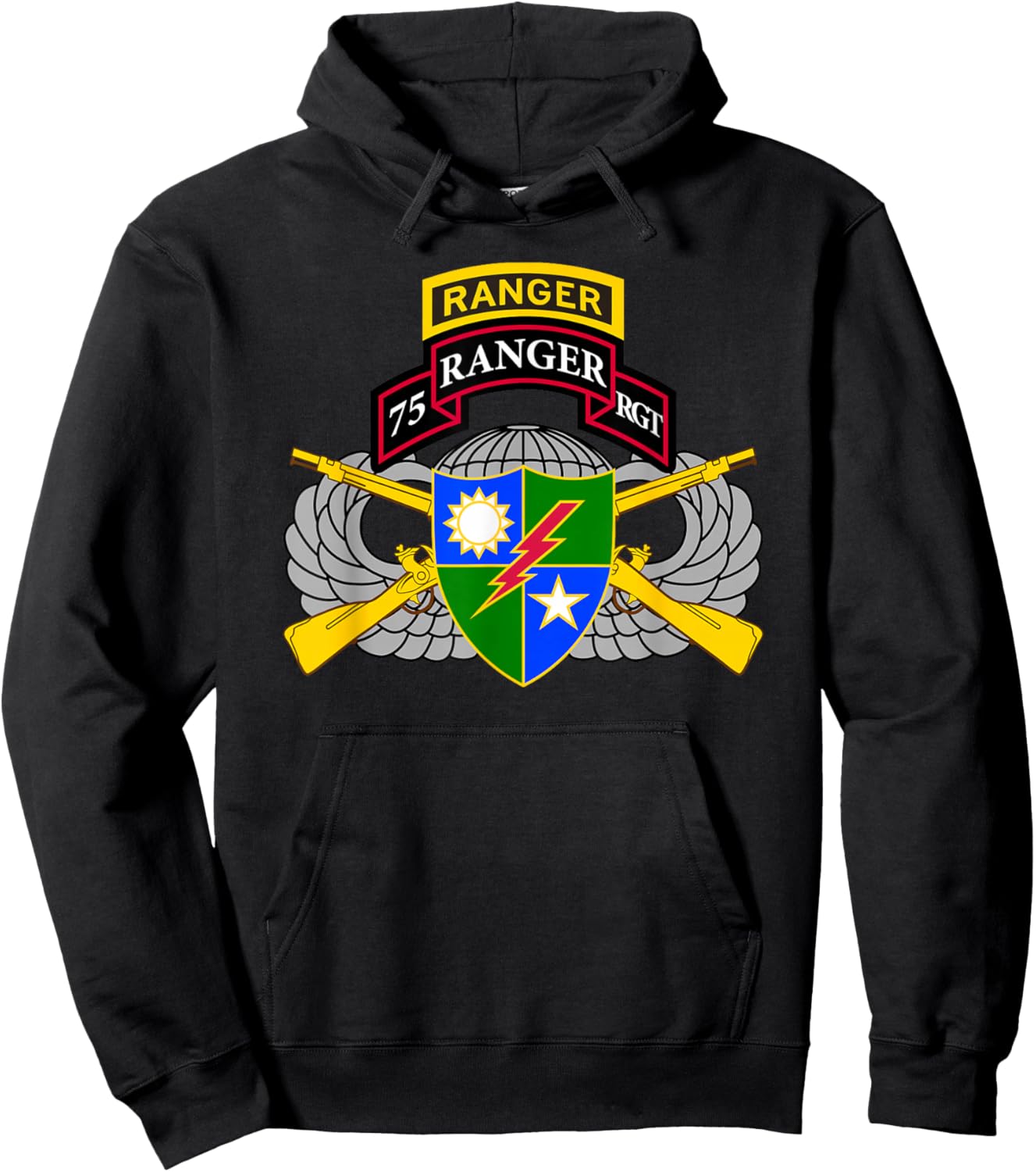 US Army Ranger - 75th Scroll, Tab, Airborne Wings, Rifles Hoodie - Hoodie | Black