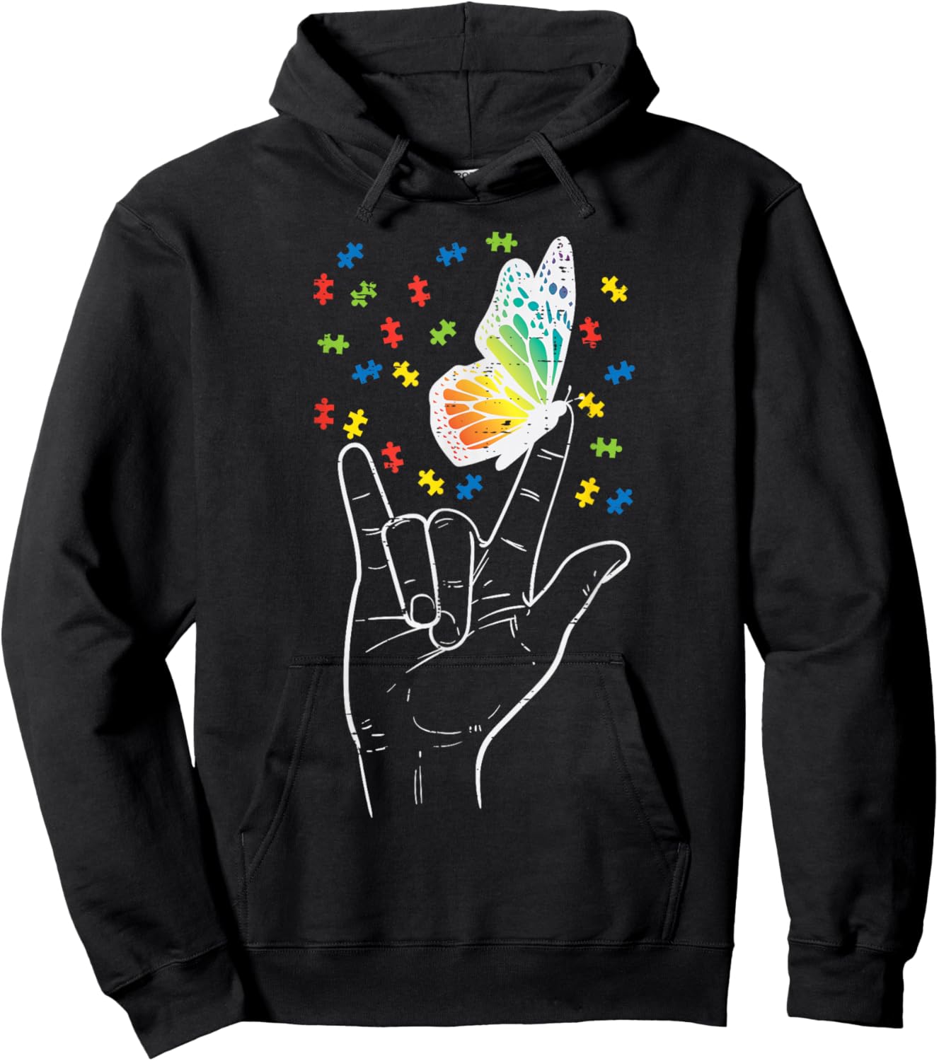 Asl Love Sign Butterfly Puzzle Autism Awareness Sped Teacher Hoodie - Hoodie | Black