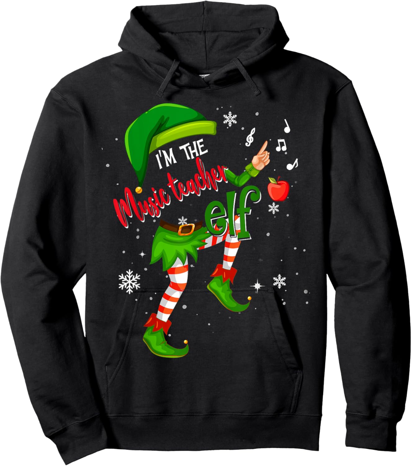 Music Teacher Elf Matching Family Group Xmas Party Pajama Men Women Hoodie - Hoodie | Black