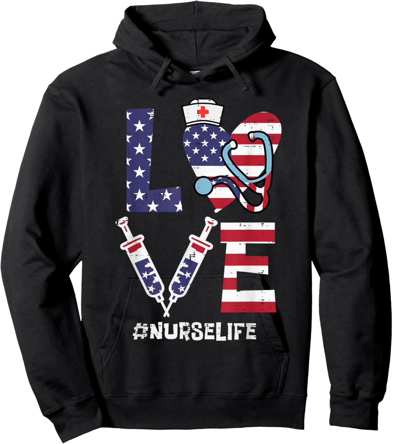 Love Stethoscope Nurse Fourth 4th Of July Nursing Patriot Hoodie - Hoodie | Black