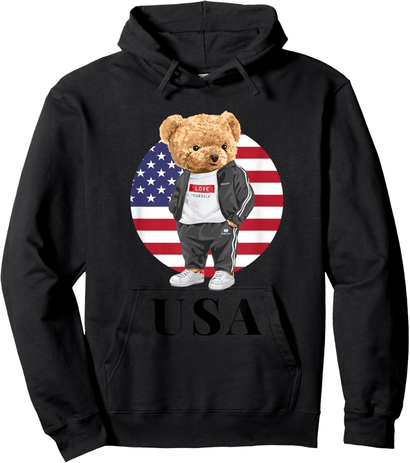 Love Yourself, Cool Illustration Teddy Bear With USA Flag Hoodie - Hoodie | Black