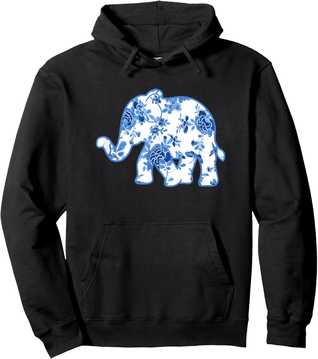 Elephant Chinoiserie Shirt Blue White Floral Pattern Hoodie - Hoodie | Black