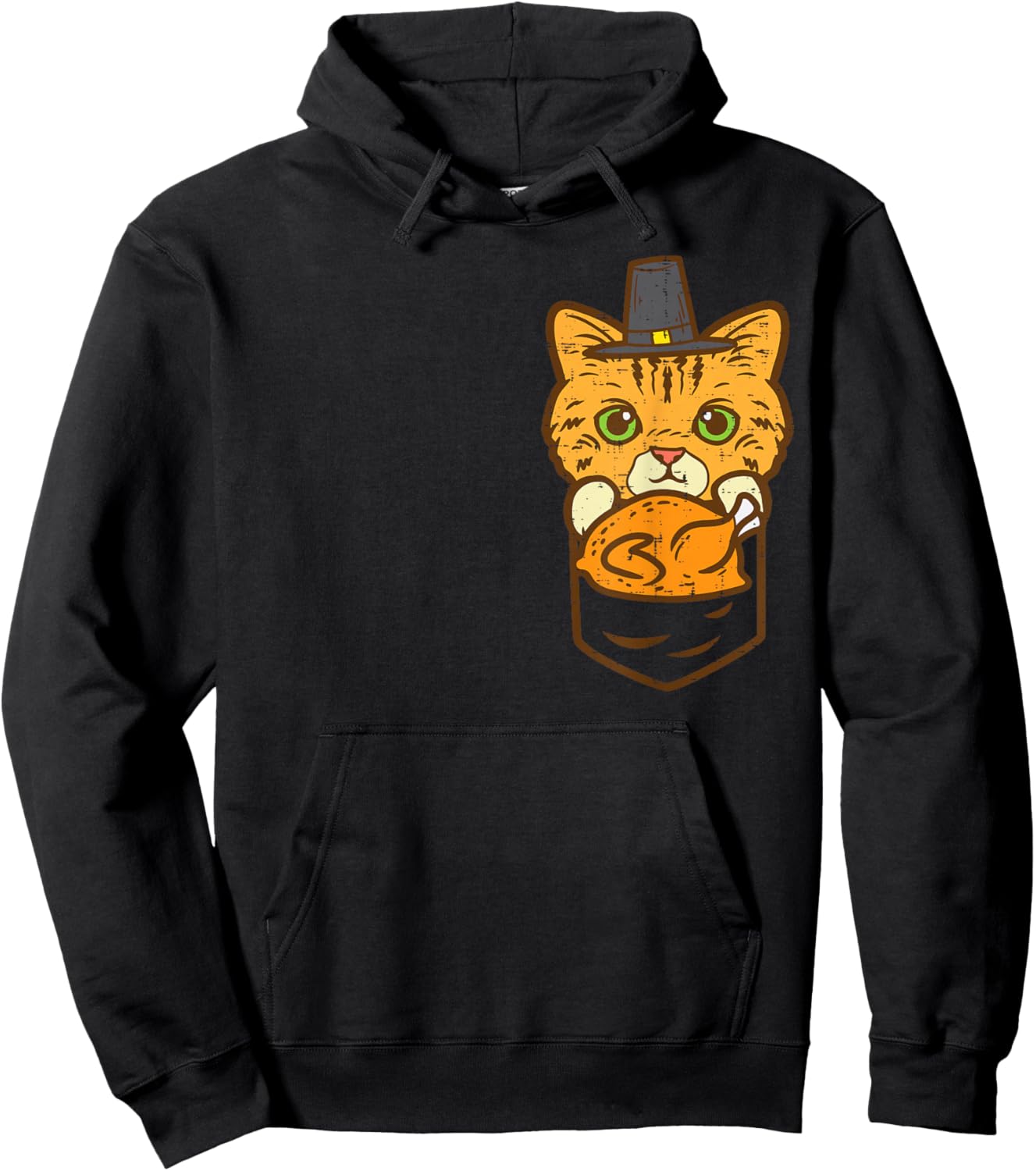 Pocket Pilgrim Cat Turkey Cute Thanksgiving Men Women Kids Hoodie - Hoodie | Black