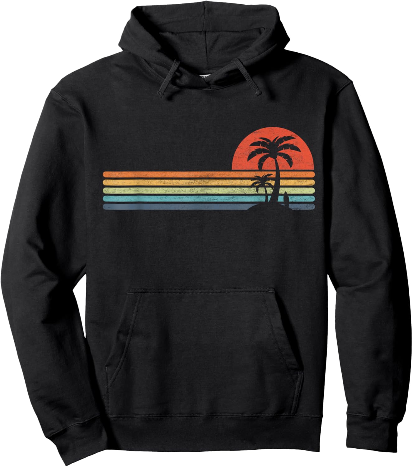 Palm Tree Surfboard Retro Tropical Beach Island Stripes Surf Hoodie - Hoodie | Black