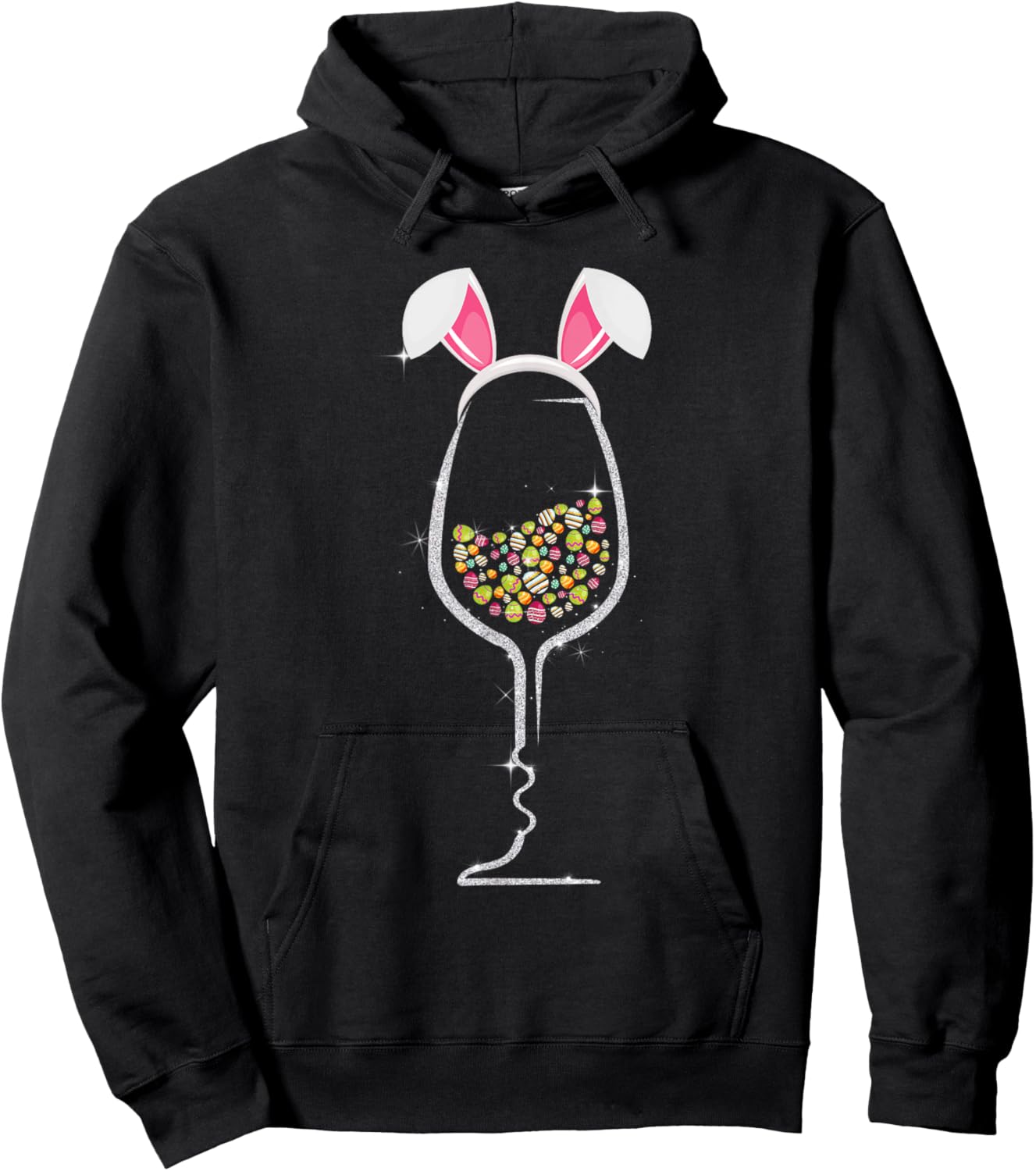 Easter Day Color Egg Wine Glass Bunny Wine Lovers Hoodie - Hoodie | Black