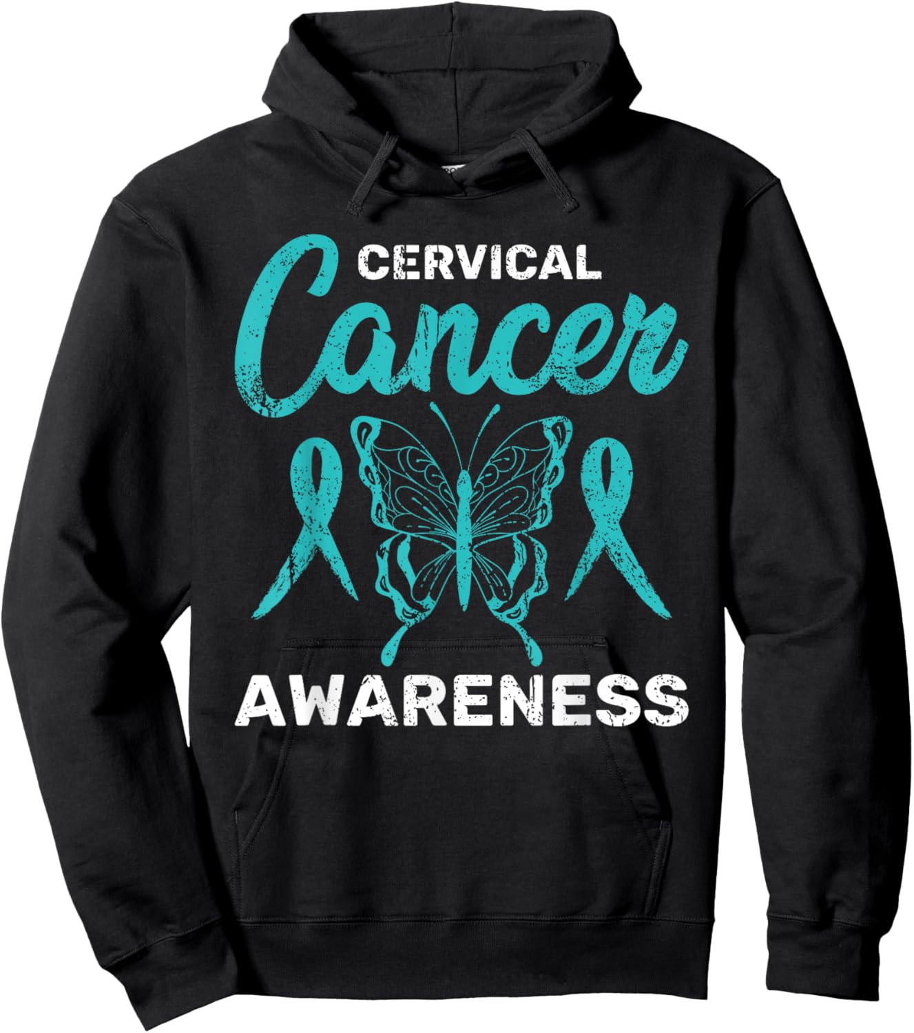 Teal Ribbon Butterfly Cancer Survivor Cervical Cancer Hoodie - Hoodie | Black