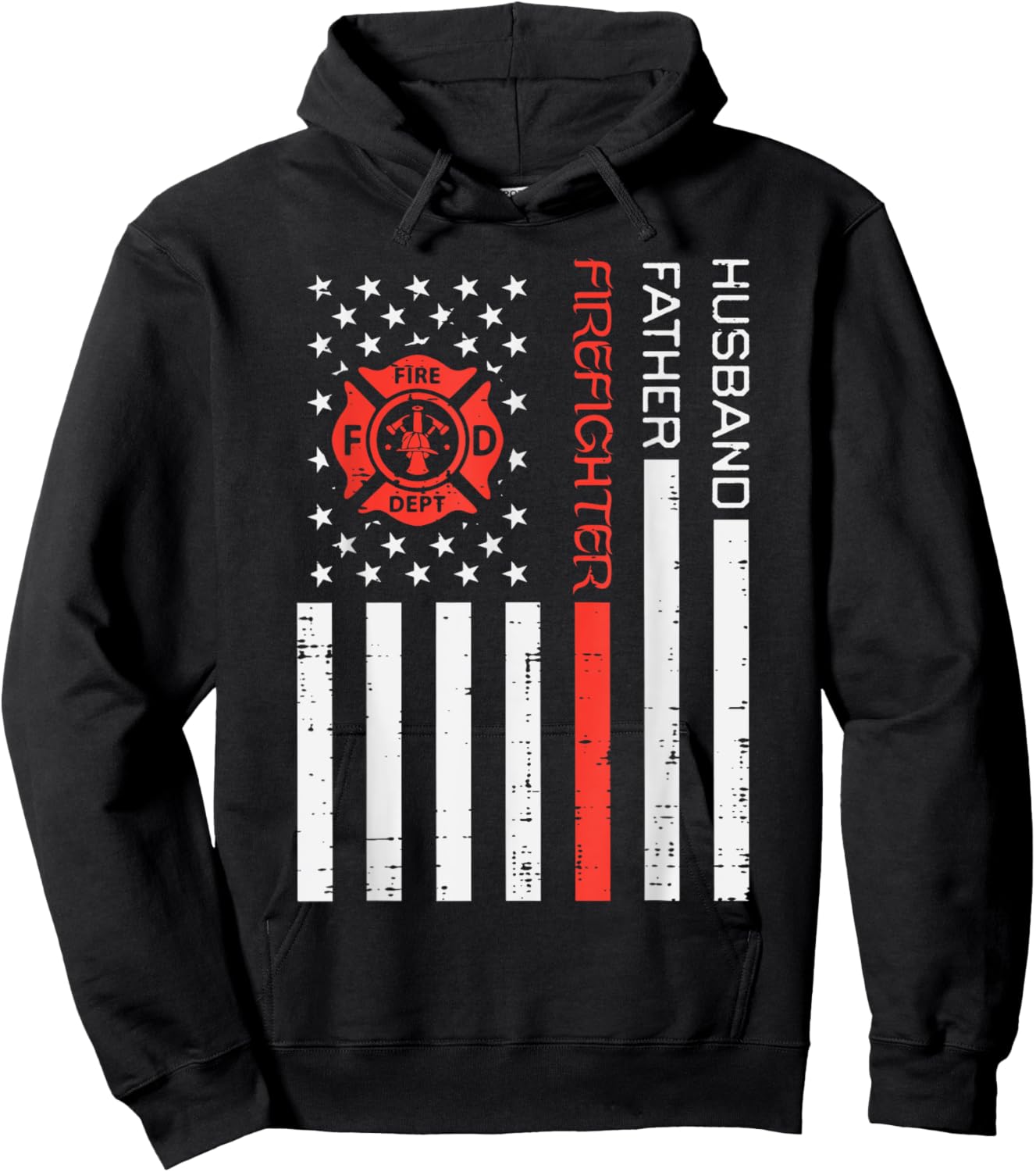 Husband Father Firefighter US Flag Red Line Fathers Day Men Hoodie - Hoodie | Black