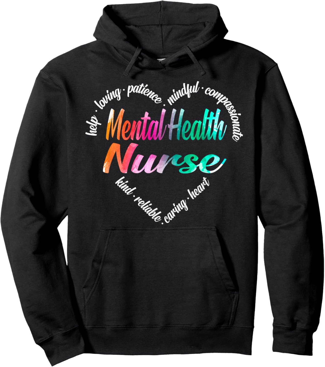 Mental Health Nurse Heart Word Cloud Watercolor Rainbow Hoodie - Hoodie | Black