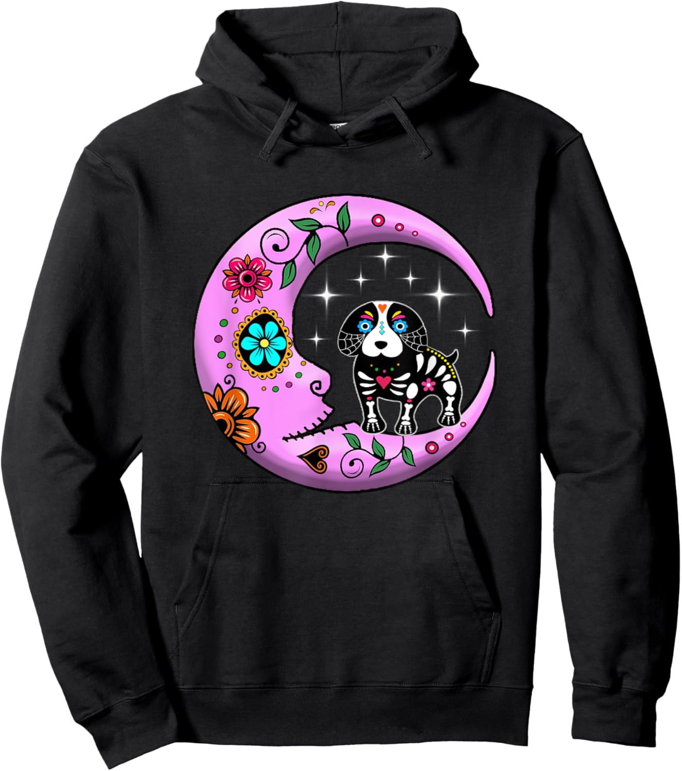 Dog & Moon Sugar Skull Dia de Los Muertos Funny Day Of Dead Hoodie - Hoodie | Black