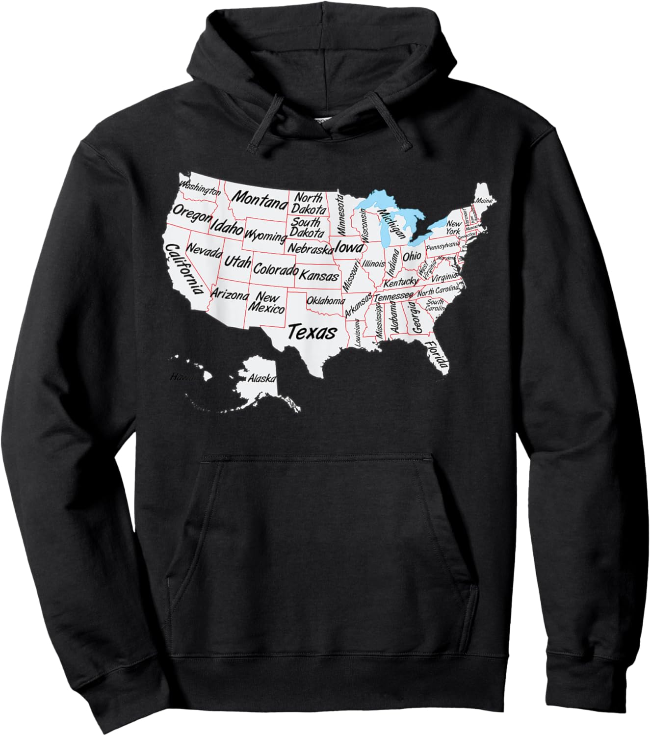 US Map with states names and border, USA map Hoodie - Hoodie | Black