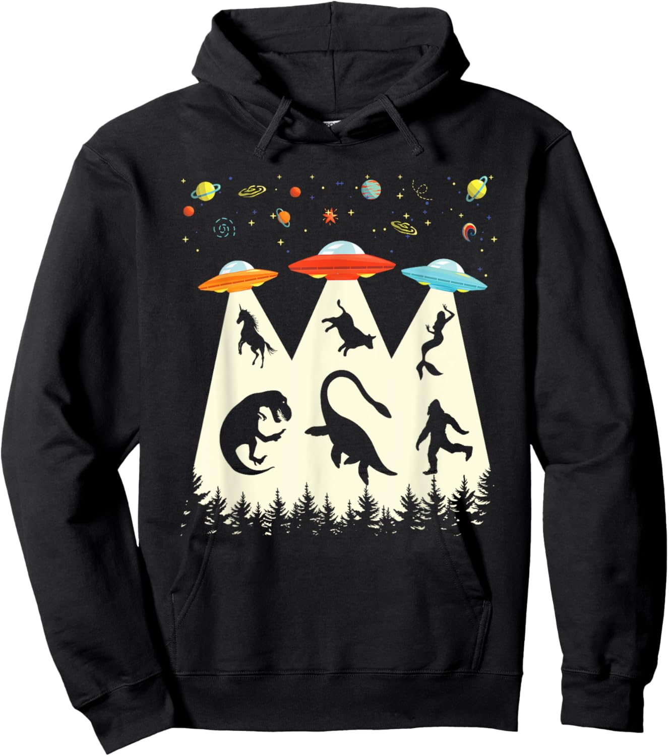 Vintage Alien Abduction T-Rex Loch Ness Bigfoot Funny UFO Hoodie - Hoodie | Black