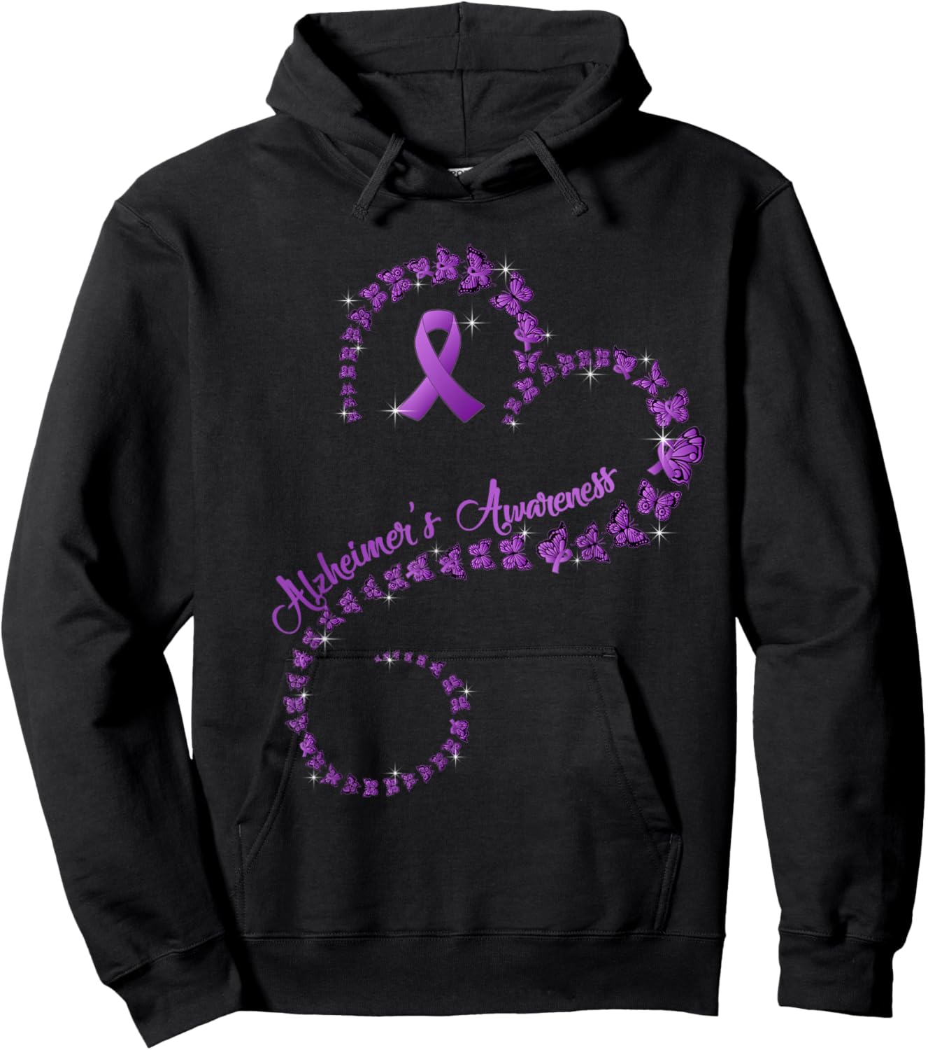 Purple Ribbon Butterfly Heart Alzheimer's awareness Hoodie - Hoodie | Black
