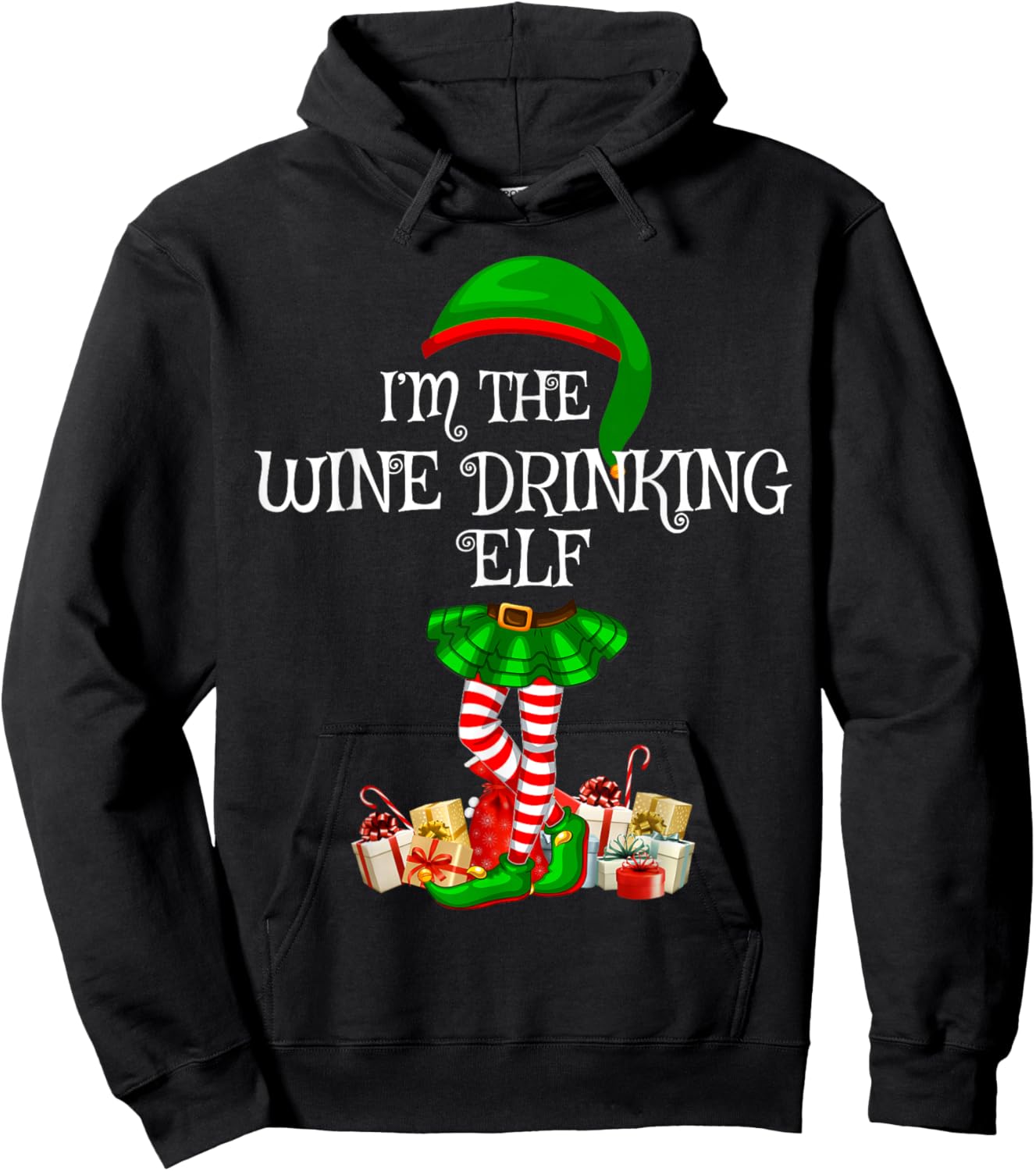 Matching Family Group I'm The Wine Drinking Elf Christmas Hoodie - Hoodie | Black