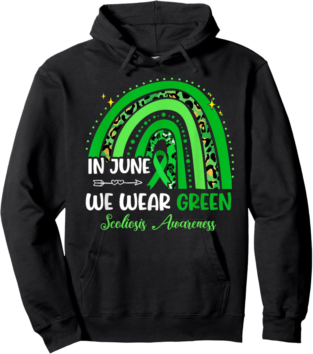 In June We Wear Green Ribbon For Scoliosis Awareness Rainbow Hoodie - Hoodie | Black