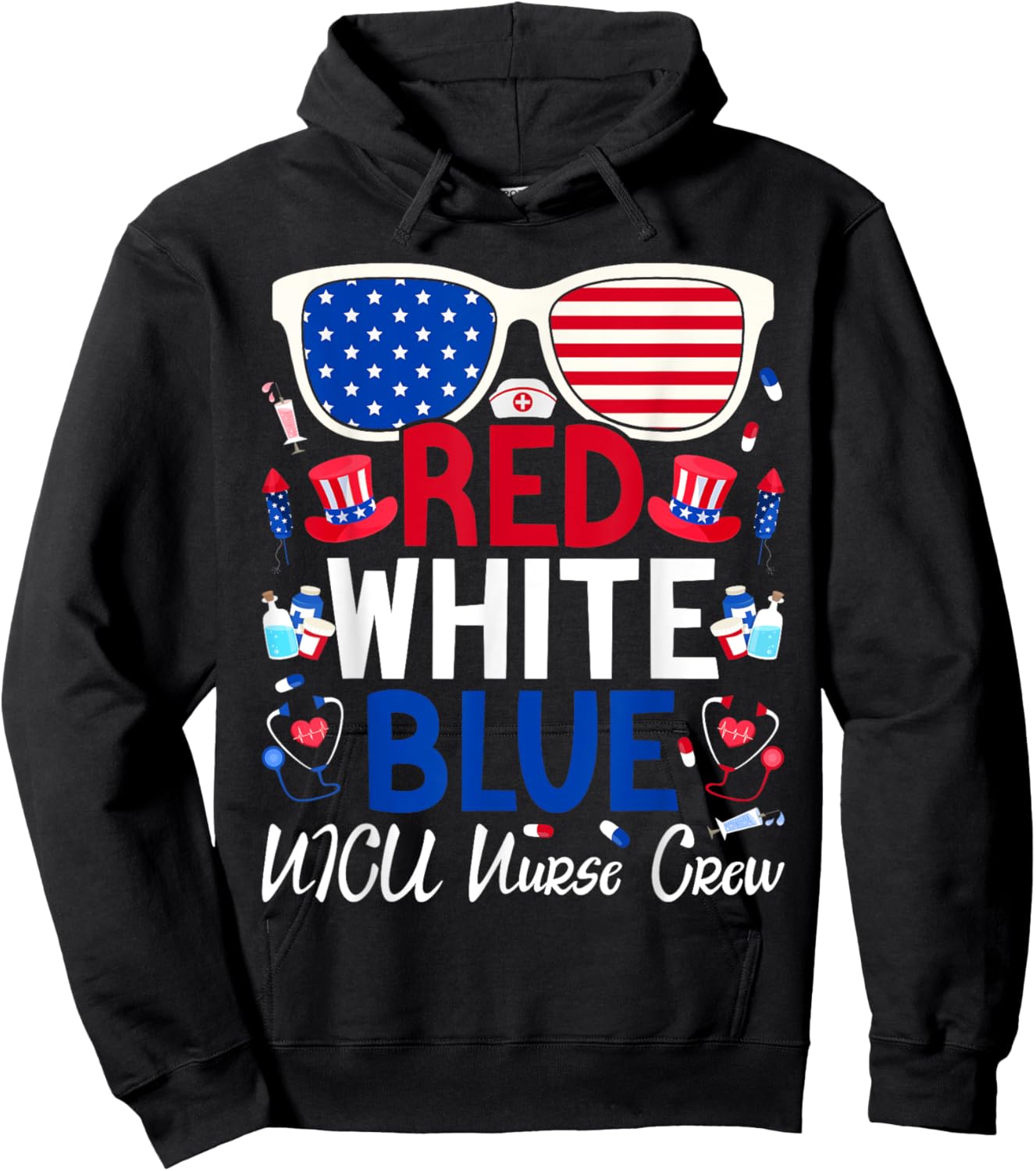 Nurses 4th of July Red White Blue NICU Nurse Crew Patriotic Men Hoodie - Hoodie | Black