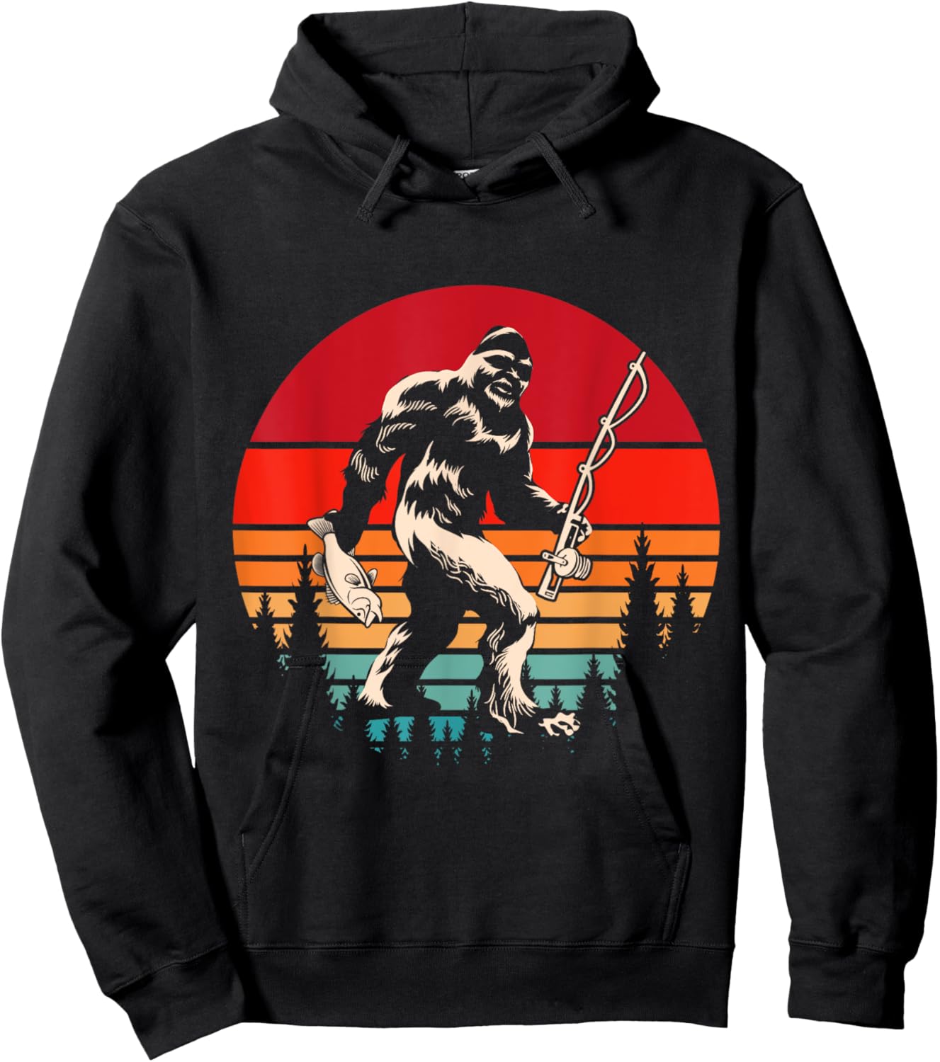 Retro Yeti Sasquatch Cryptid Fishermen Gift Fishing Bigfoot Hoodie - Hoodie | Black